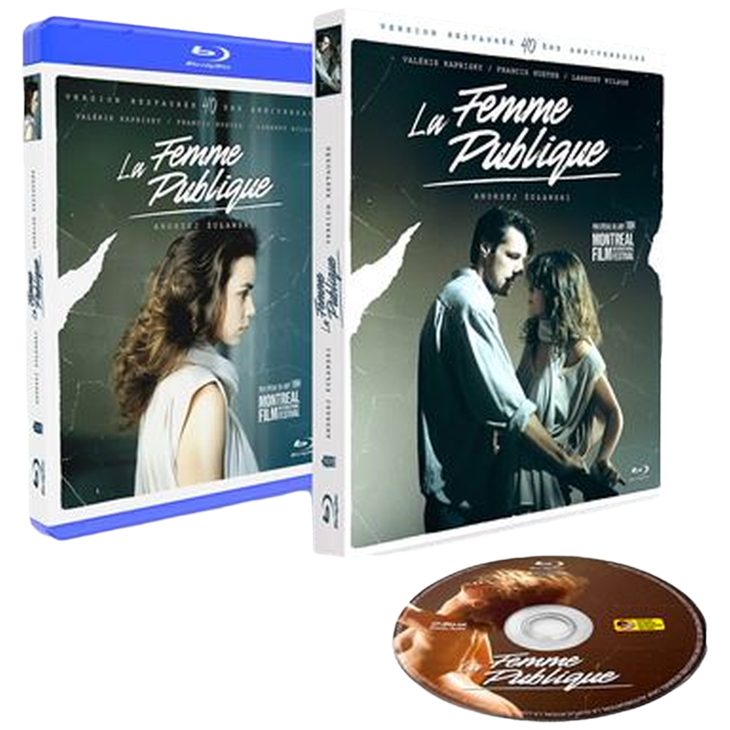 Trois éléments : deux boîtiers Blu-ray et un disque. Les boîtiers affichent le titre du film 'La Femme Publique'. Le disque porte le même titre et la même image.