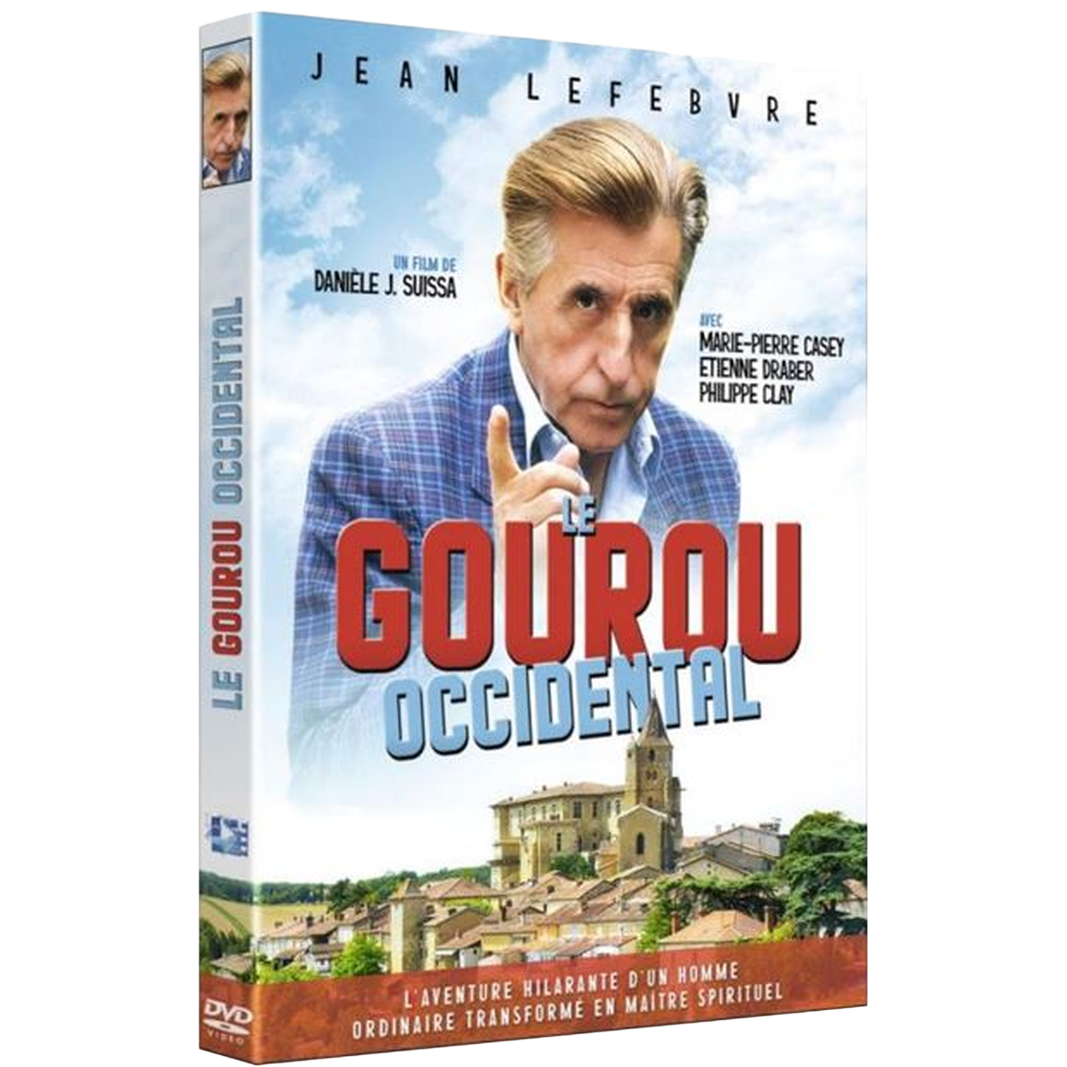 Jaquette DVD pour "Le Gourou Occidental". Un homme montre du doigt. Titre en grandes lettres. Fond montre une ville avec église et ciel bleu.