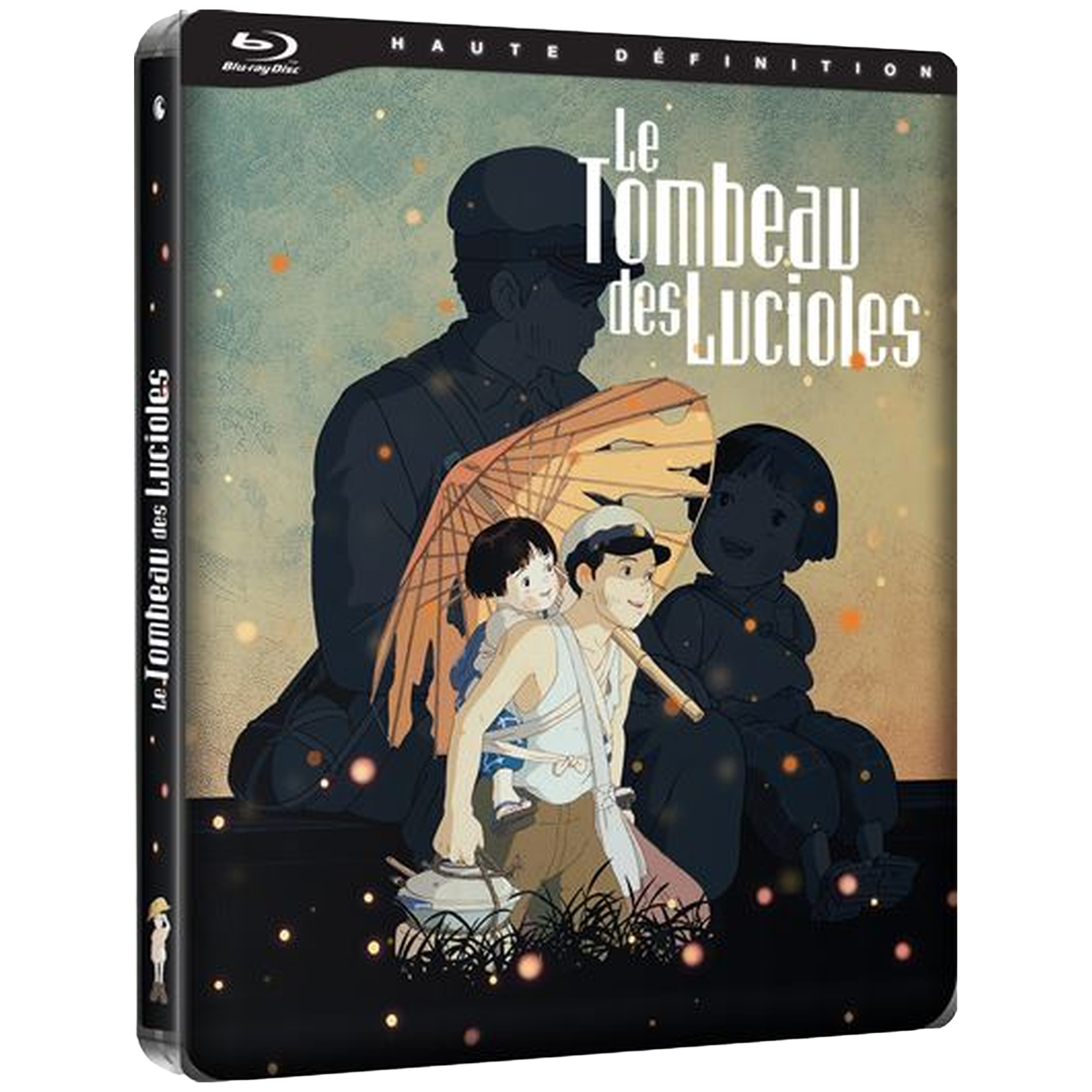 Couverture Blu-ray. Un homme et deux enfants sous un parapluie, avec une silhouette en arrière-plan.