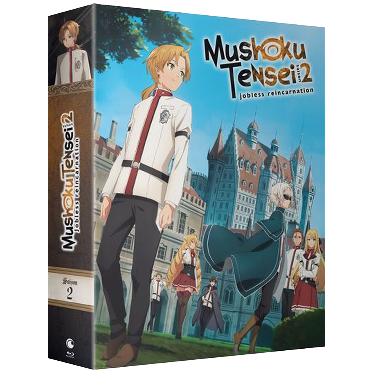 Anime box art. Personages in uniform staan voor een kasteel. De titel luidt 'Mushoku Tensei 2' met 'jobless reincarnation'.