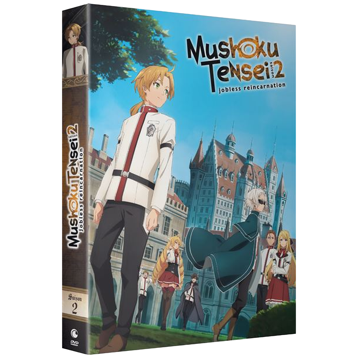 Couverture de DVD d'anime avec des personnages dans un château. Le titre est 'Mushoku Tensei 2', avec plusieurs personnages d'anime.