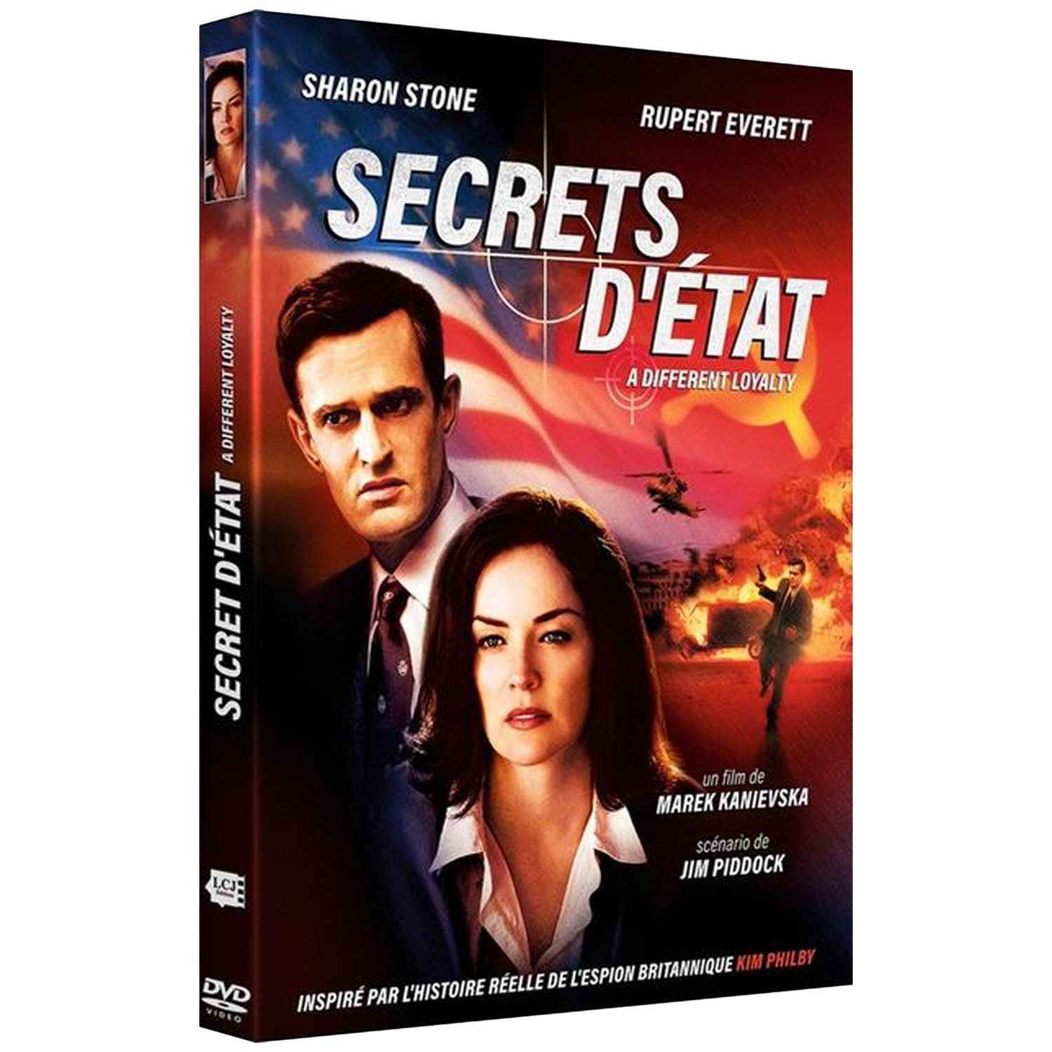Couverture de DVD. Avec Sharon Stone et Rupert Everett. Le titre est Secrets d'Etat. Fond avec drapeau américain et explosion.