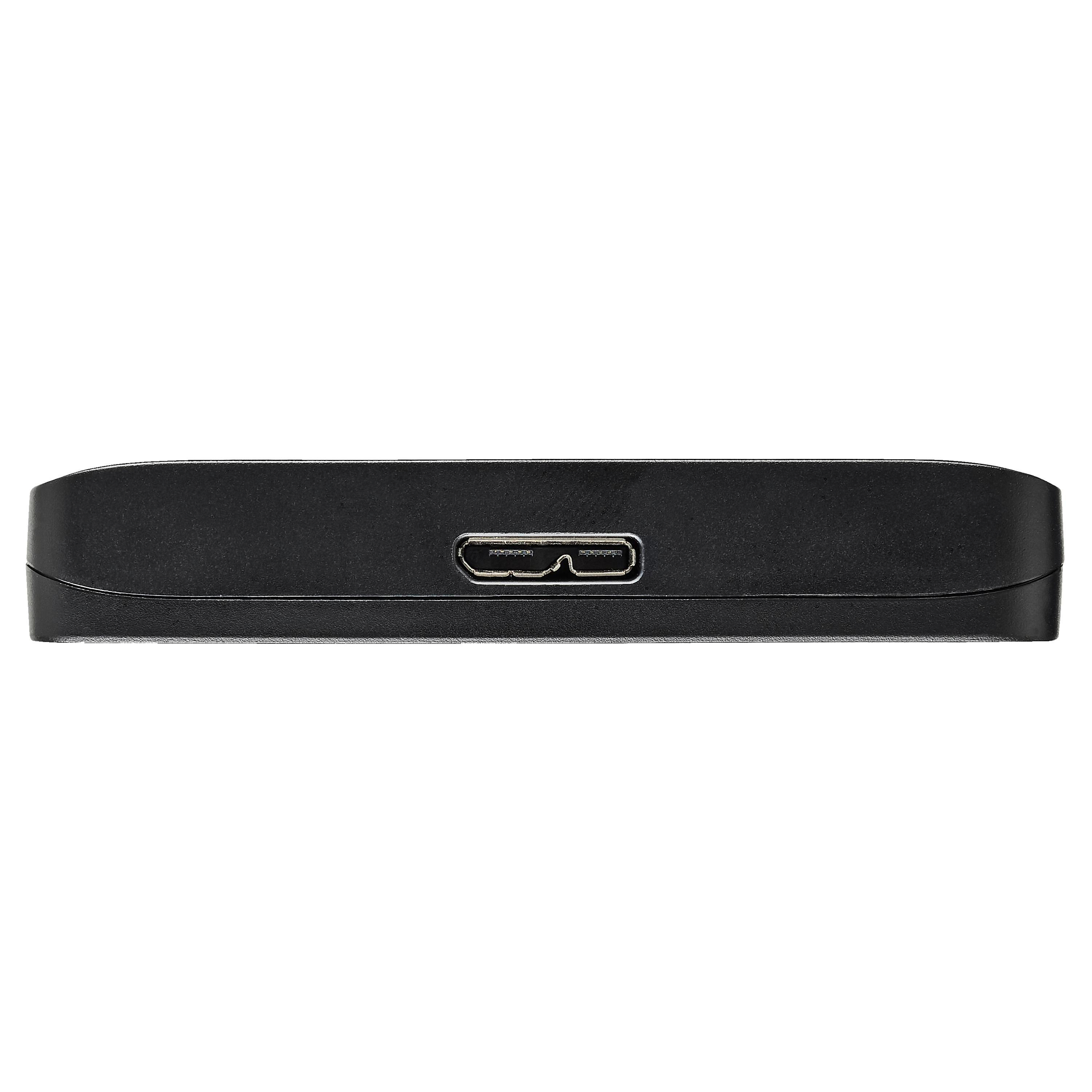 Eine schwarze externe Festplatte mit USB-Anschluss, zentriert auf weißem Hintergrund.