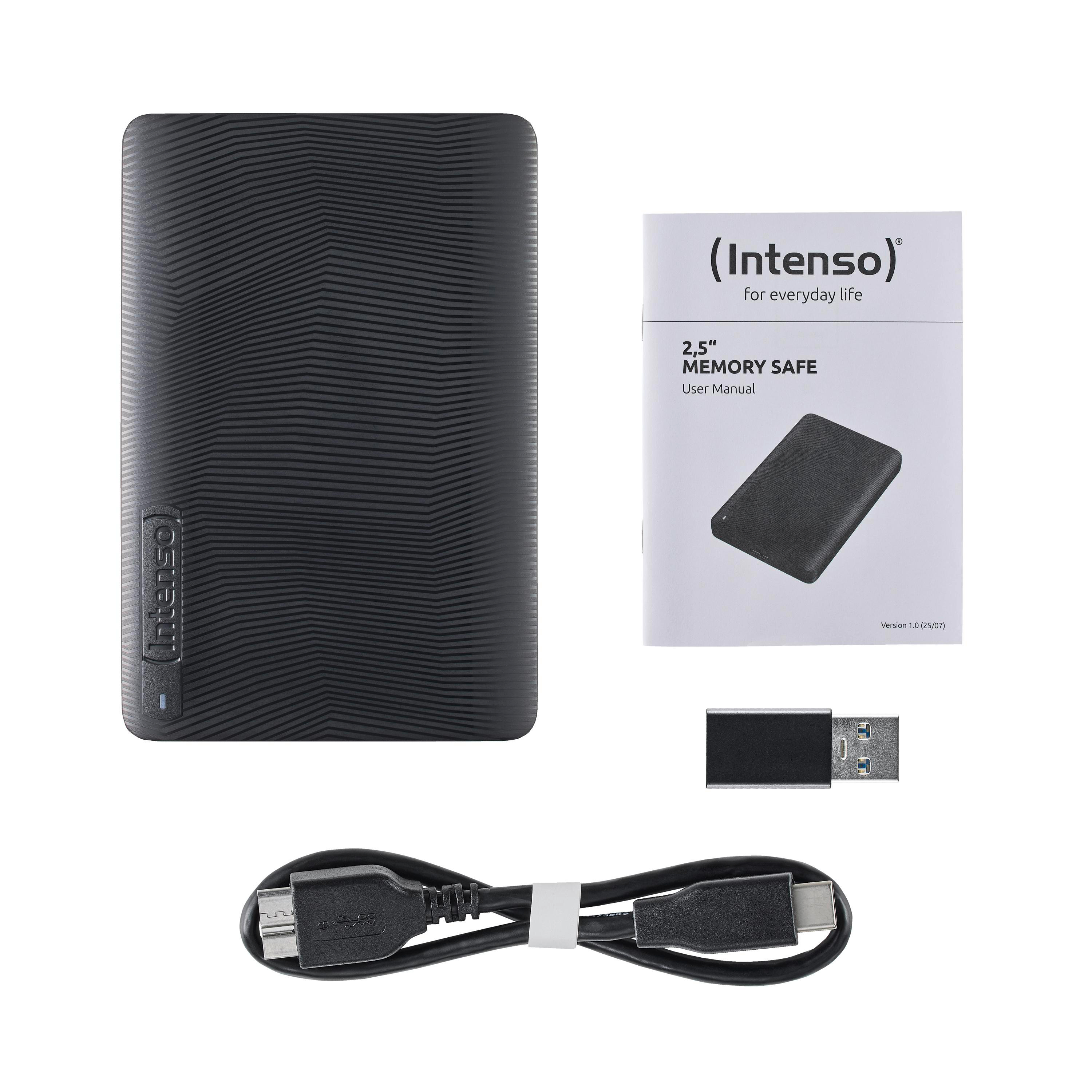 Das Bild zeigt eine schwarze externe Festplatte, ein Benutzerhandbuch und ein USB-Kabel. Der Hintergrund ist weiß.