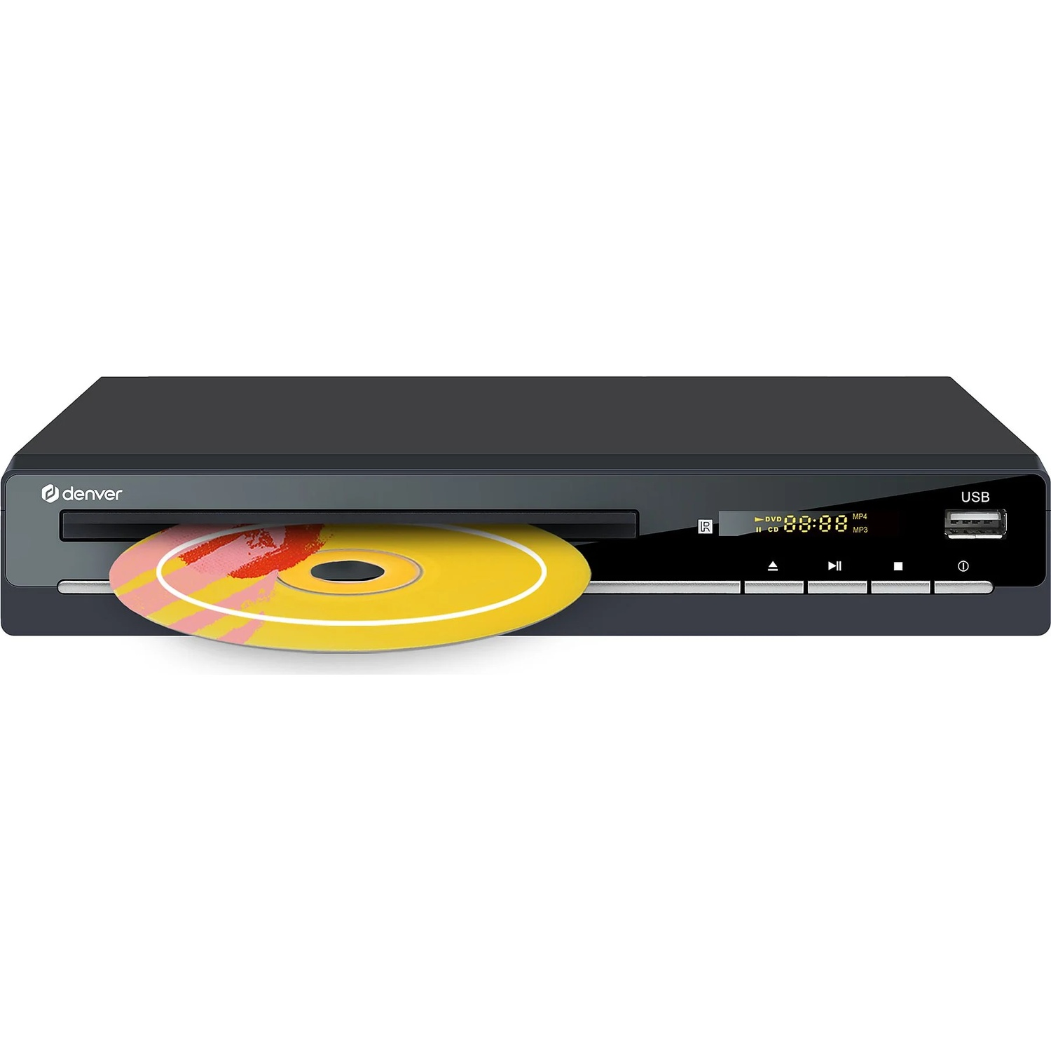 Un lecteur DVD noir avec un disque inséré. Le disque est jaune avec des motifs roses et rouges. Il affiche un écran numérique et port USB.
