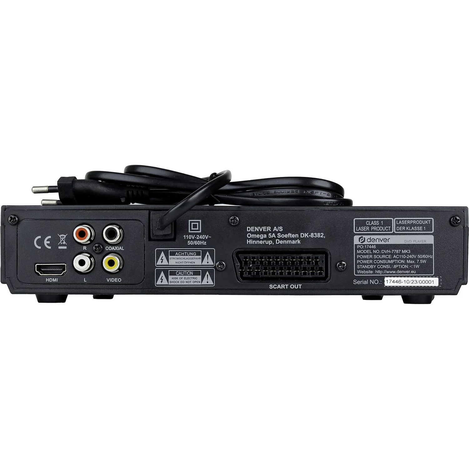 Arrière du lecteur DVD noir avec ports, cordon d'alimentation et consignes de sécurité. Étiquettes HDMI, vidéo et sortie SCART.