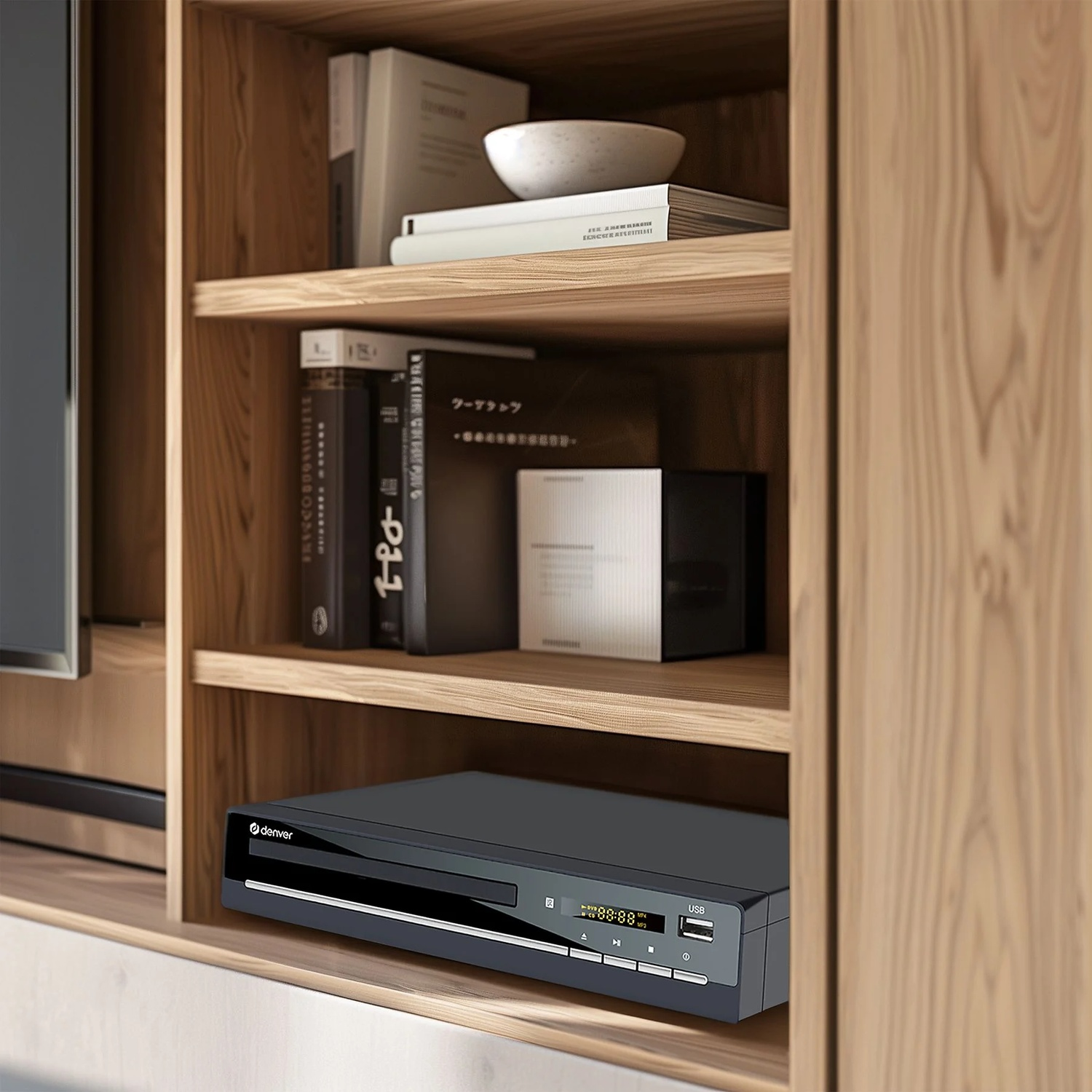 Meuble en bois avec étagères. Livres, un bol et un lecteur DVD sont visibles. Le grain du bois est bien visible.