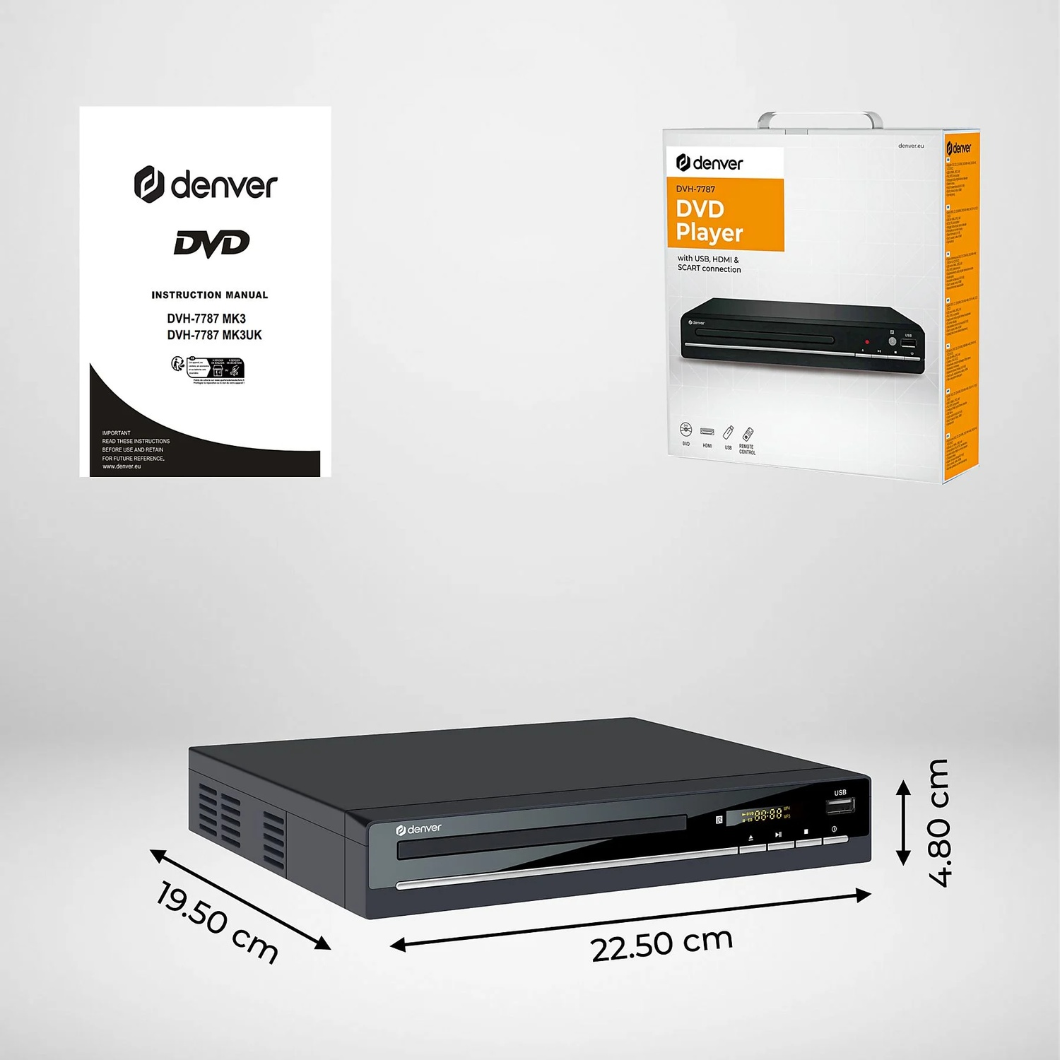Un lecteur DVD noir avec des dimensions étiquetées. Une boîte et un manuel sont également présents, tous avec le logo Denver.