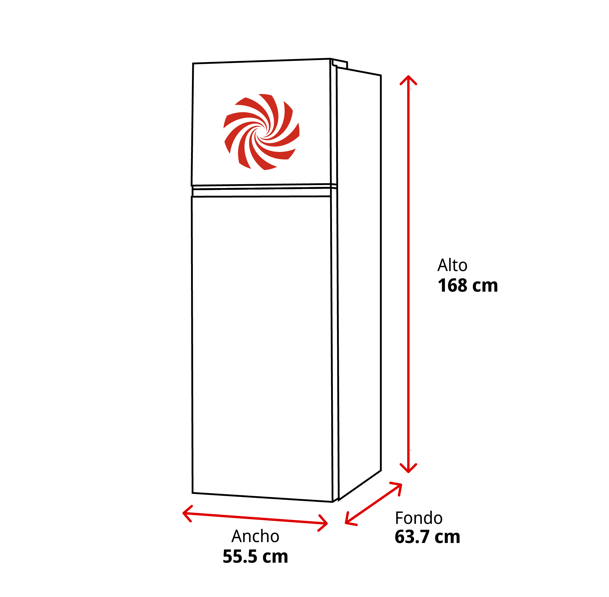 Un refrigerador con dimensiones etiquetadas. Tiene un diseño espiral rojo en la parte superior. Dimensiones: 168cm alto, 55.5cm ancho, 63.7cm profundidad.