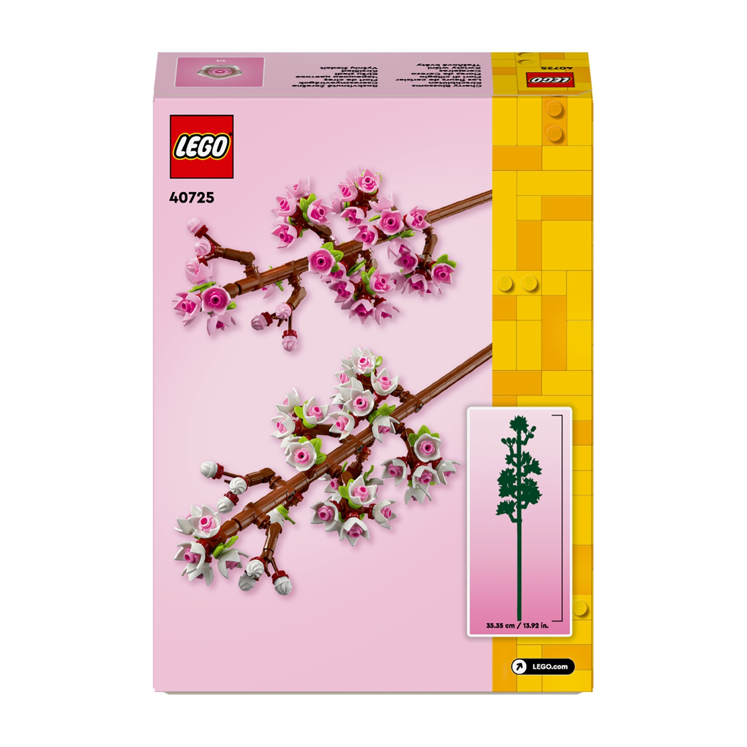 Scatola rosa del set di fiori di ciliegio LEGO. La scatola ha il logo LEGO, il numero del prodotto 40725 e un diagramma di un albero.