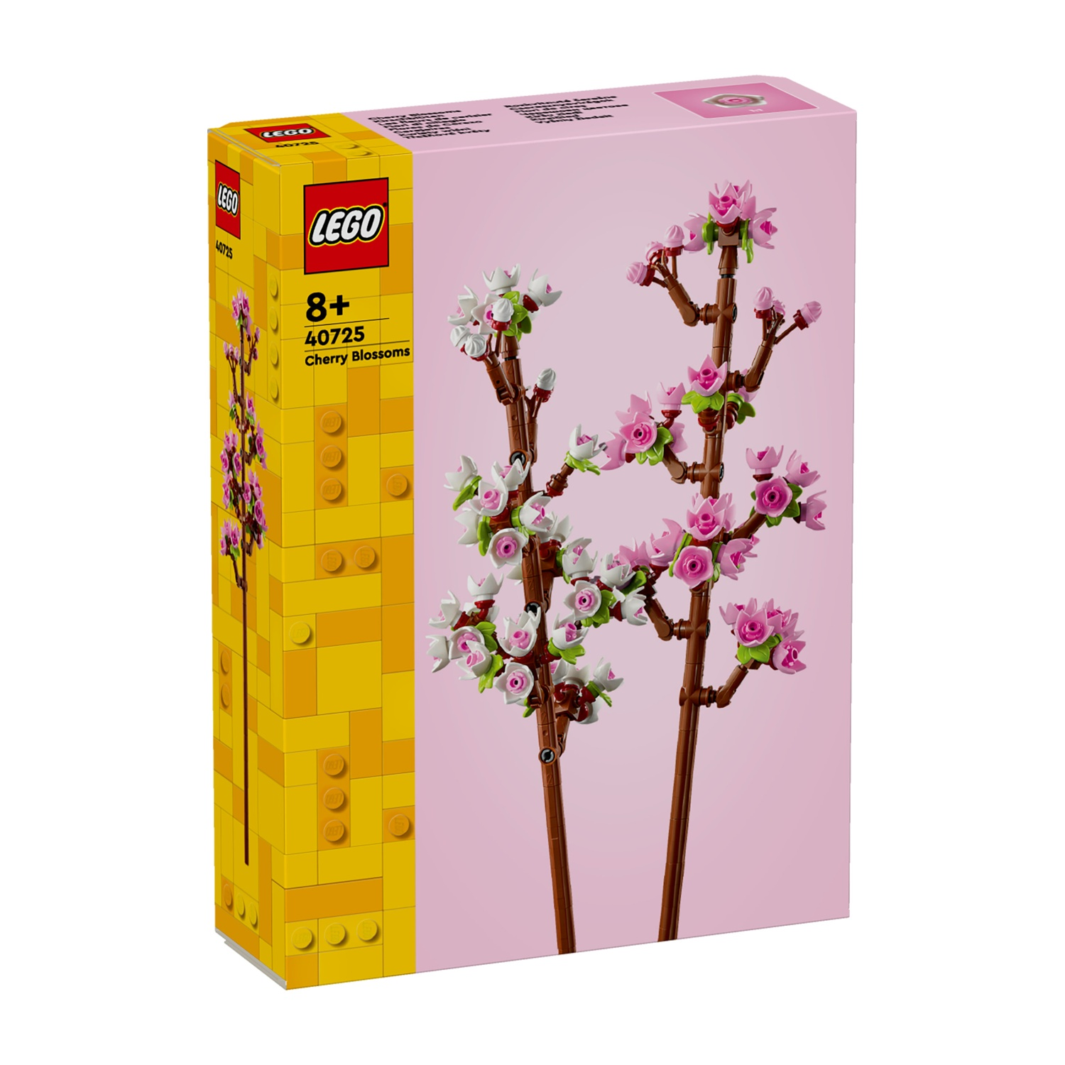 Una scatola Lego mostra un set di fiori di ciliegio. Il fronte ha uno sfondo rosa con rami marroni e fiori rosa e bianchi.