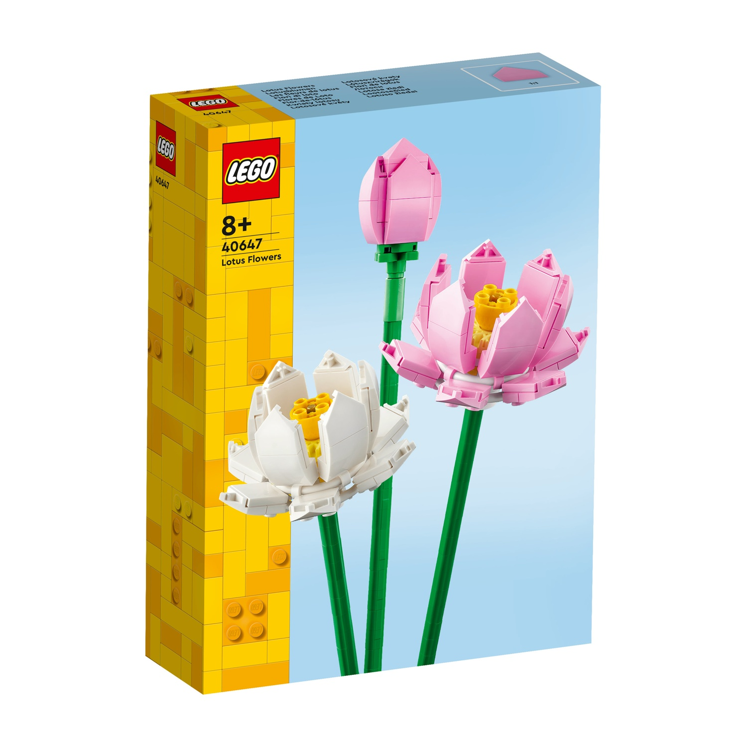 Una scatola Lego mostra tre fiori di loto Lego. Due sono rosa e bianchi, con steli verdi. La scatola è gialla e blu.
