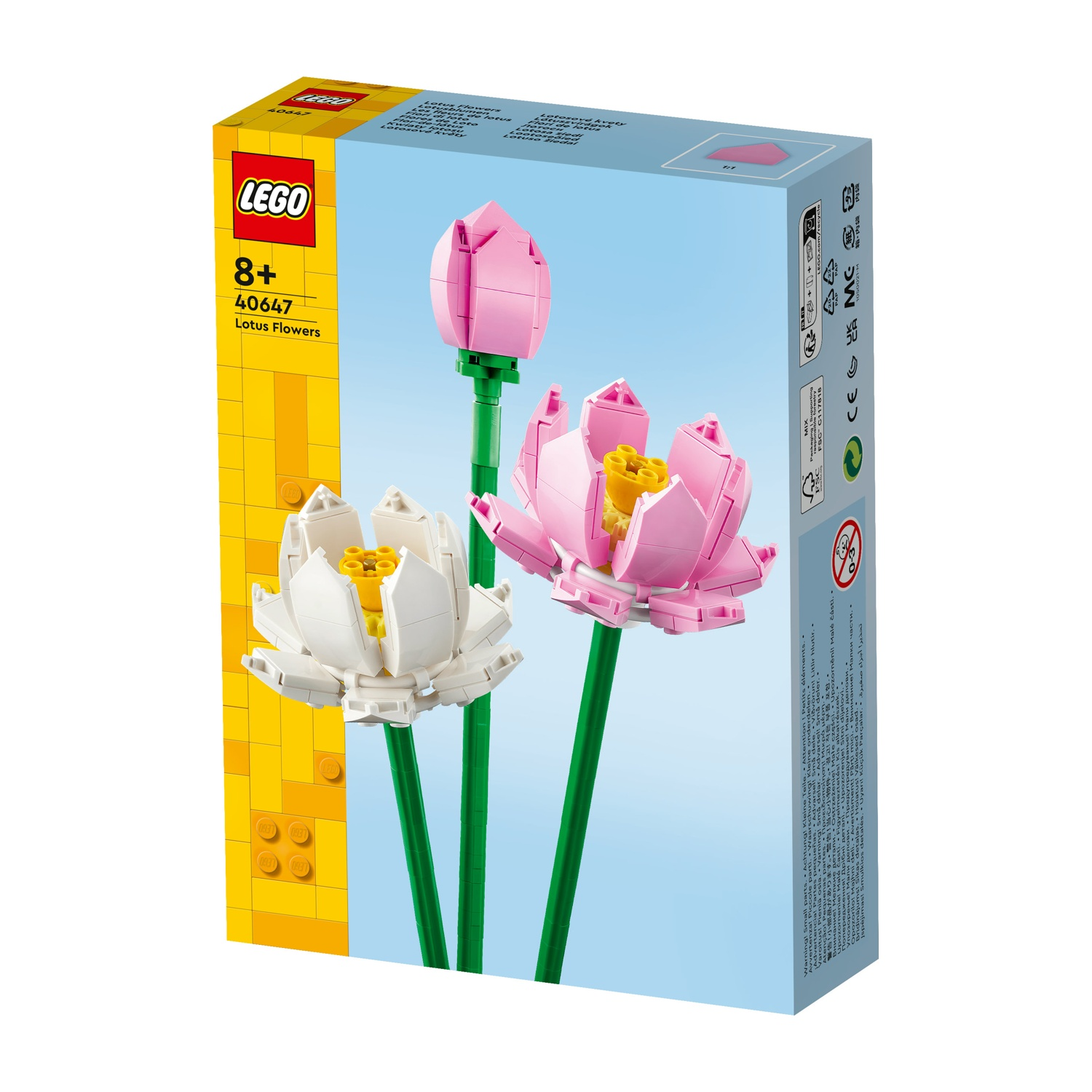 Set LEGO di fiori di loto. Presenta fiori rosa, bianchi con steli verdi e centri gialli. Sfondo blu.