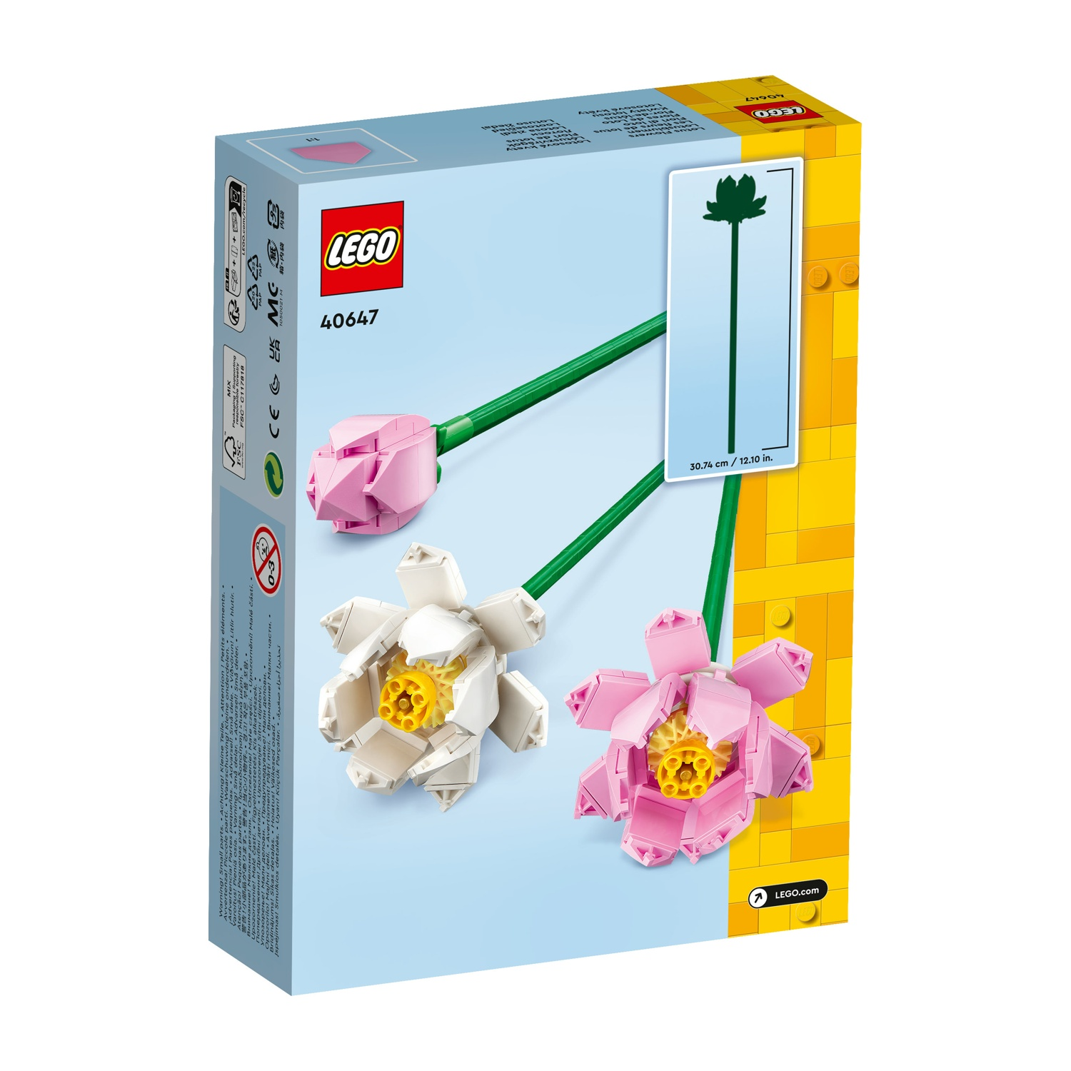 Scatola del set LEGO con costruzioni di fiori rosa e bianchi. La scatola è gialla e blu con il logo LEGO.