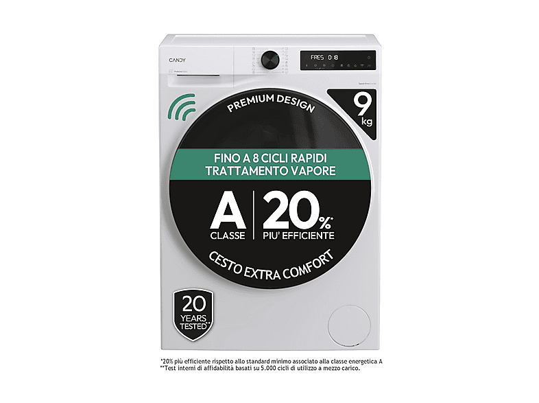 Candy BP 49Bl8-S Lavatrice, Caricamento frontale, 9 kg, 16 programmi, Profondità 58 cm, Bianco, livello rumorosità centrifuga 72 dB(A), Classe A