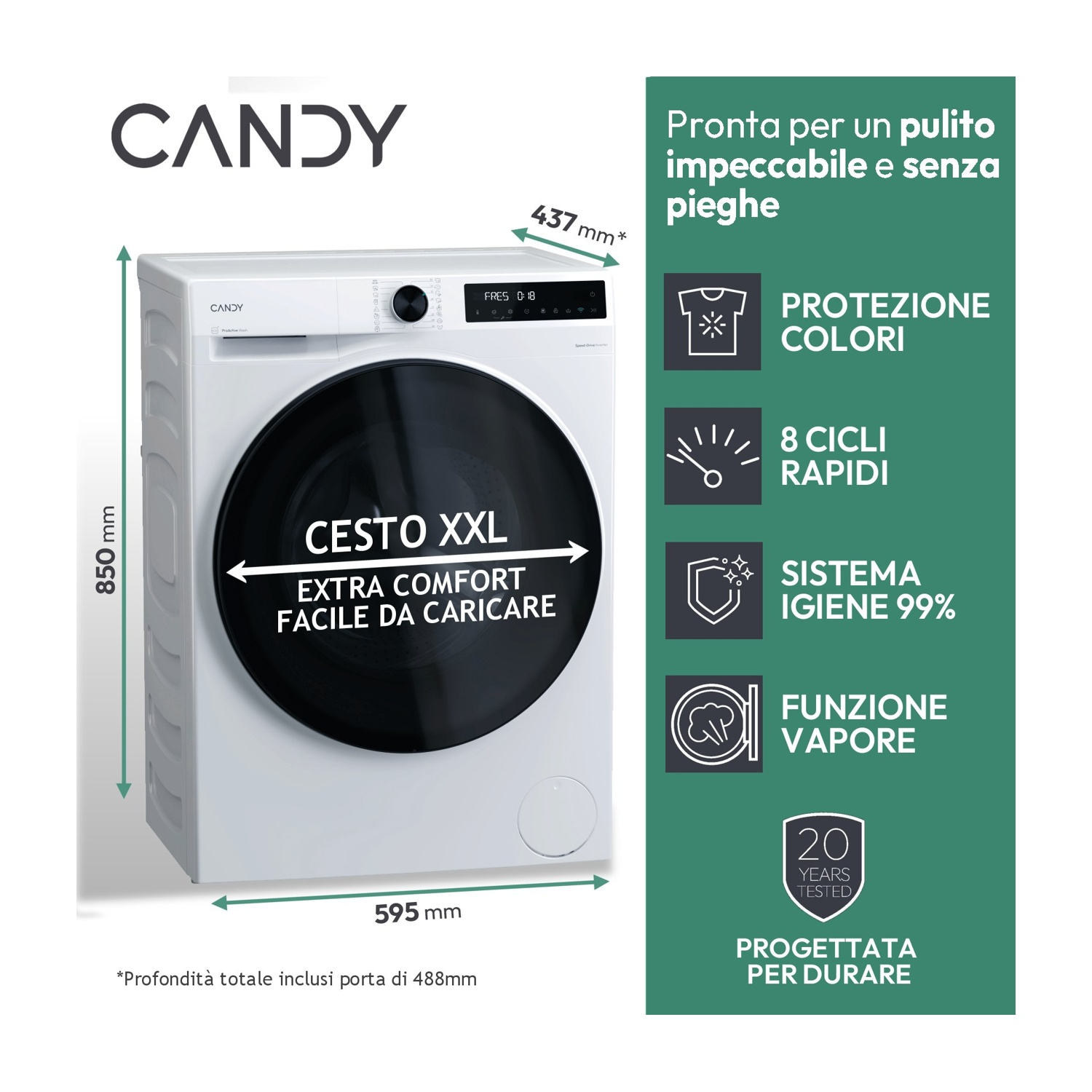 Lavatrice Candy bianca con porta nera. Il testo evidenzia funzioni come cestello XXL, protezione colori e funzione vapore.