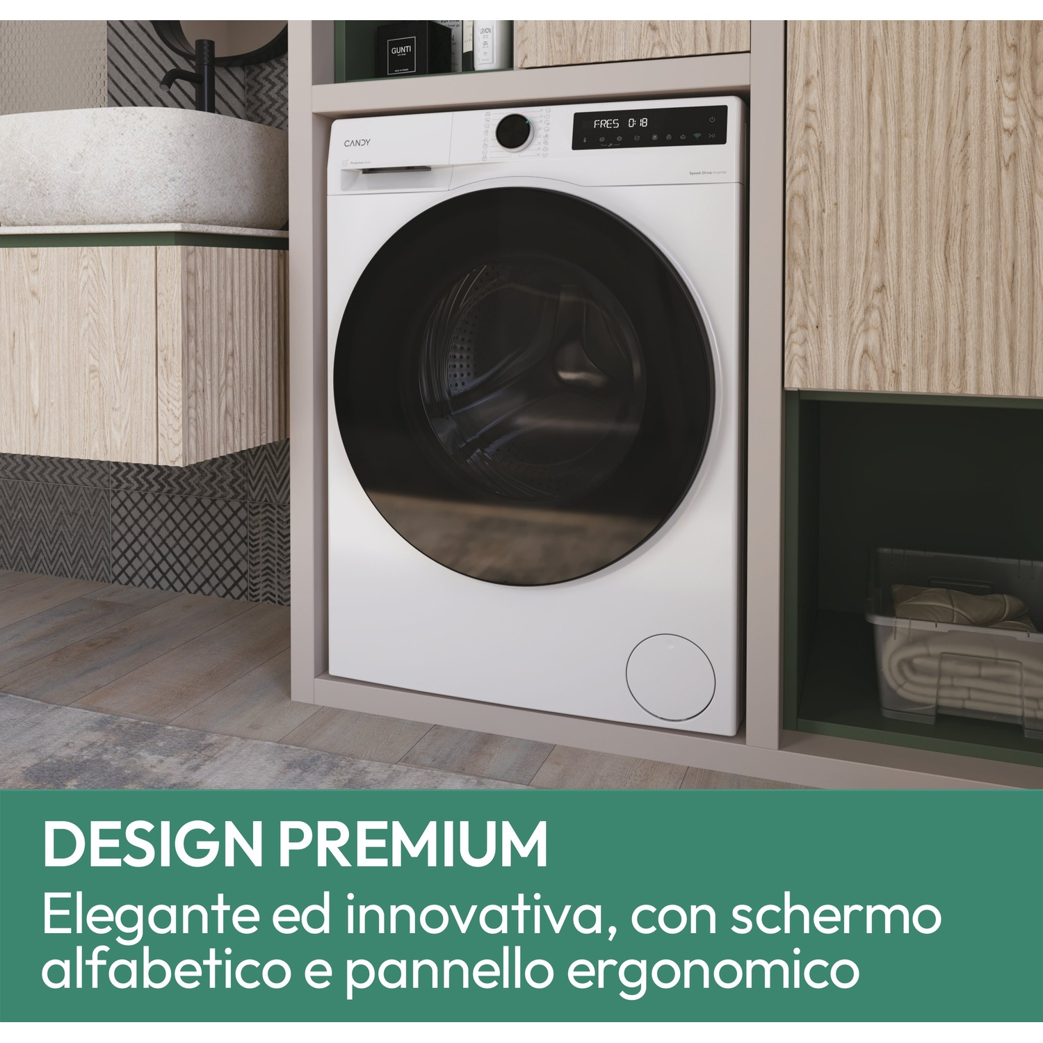 Una lavatrice bianca in un bagno moderno. Ha una porta nera e un display digitale. I mobili sono in legno.