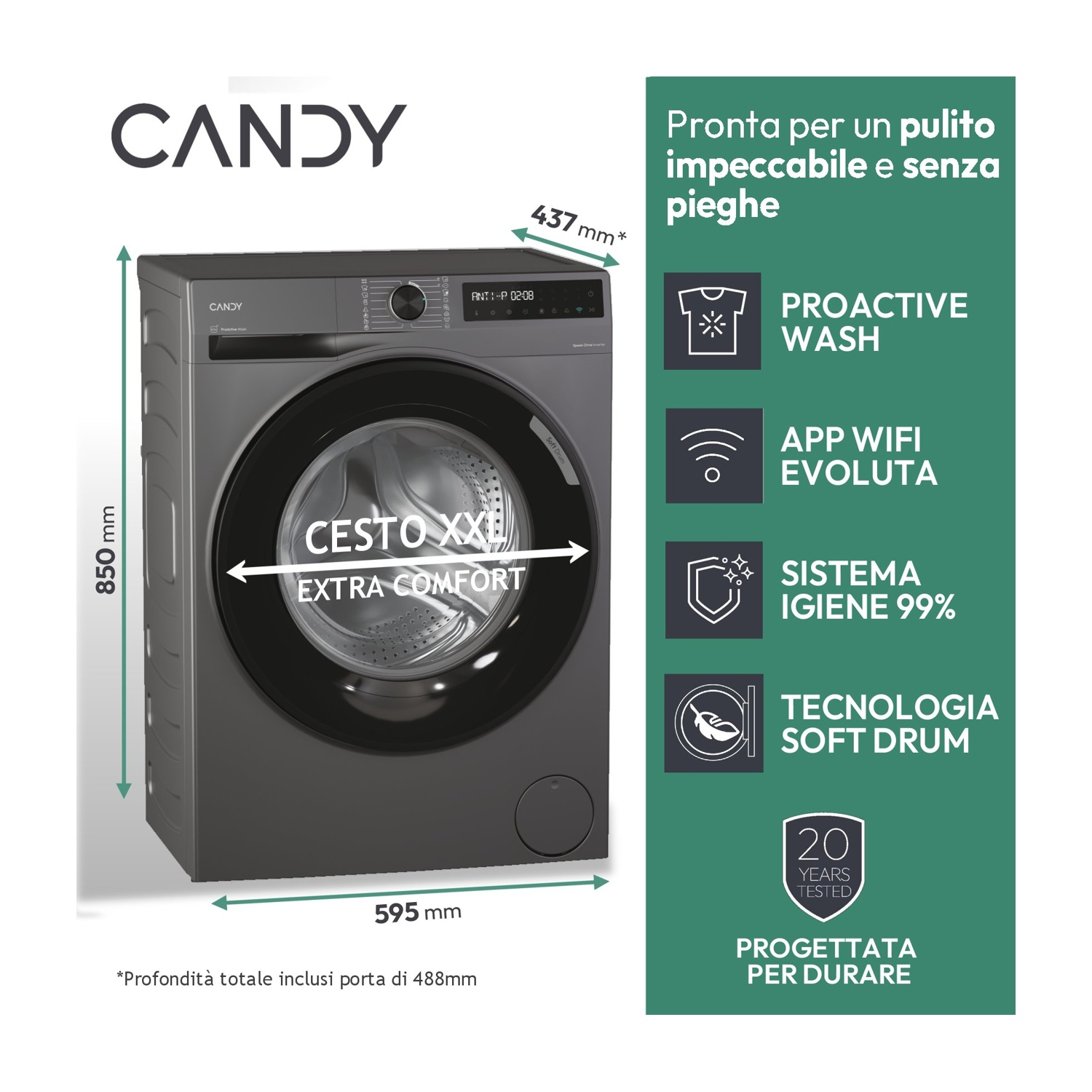Lavatrice Candy grigia con funzioni come lavaggio proattivo, app WiFi e tecnologia soft drum. Dimensioni visualizzate.