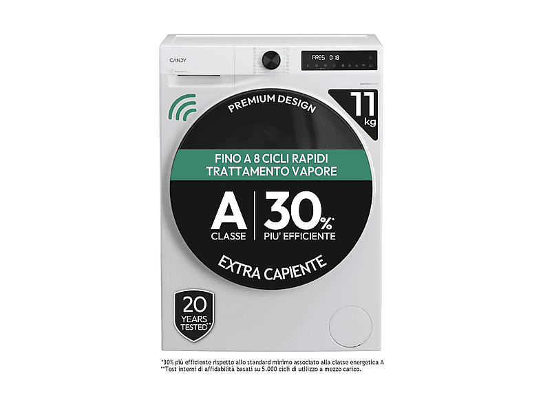 CANDY BP 411BL9-S LAVATRICE, Caricamento frontale, 11 kg, 16 programmi, Profondità 68 cm, Giri 1400 rpm, Bianco, livello rumorosità centrifuga 72 dB(A), Classe A