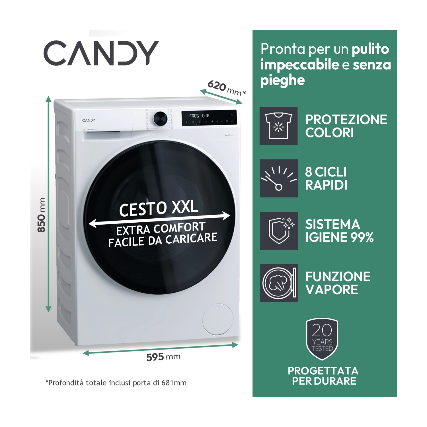 Una lavatrice Candy bianca con porta nera. Il testo include cestello XXL, protezione colore e 8 cicli rapidi.