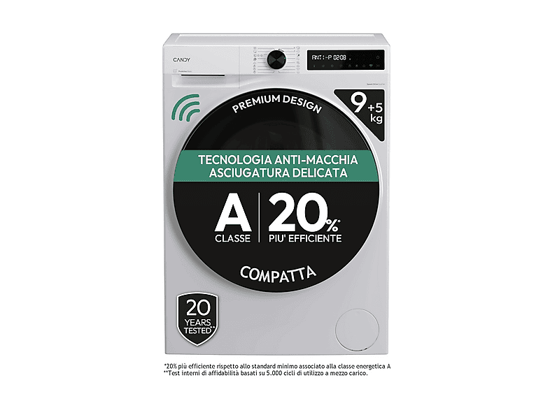 CANDY BWR 495BL8-S LAVASCIUGA, Caricamento frontale, capacità lavaggio 9 kg, asciugatura 5 16 programmi, Profondità 48,3 cm, Giri 1400 rpm, Bianco, Nero, Classe D