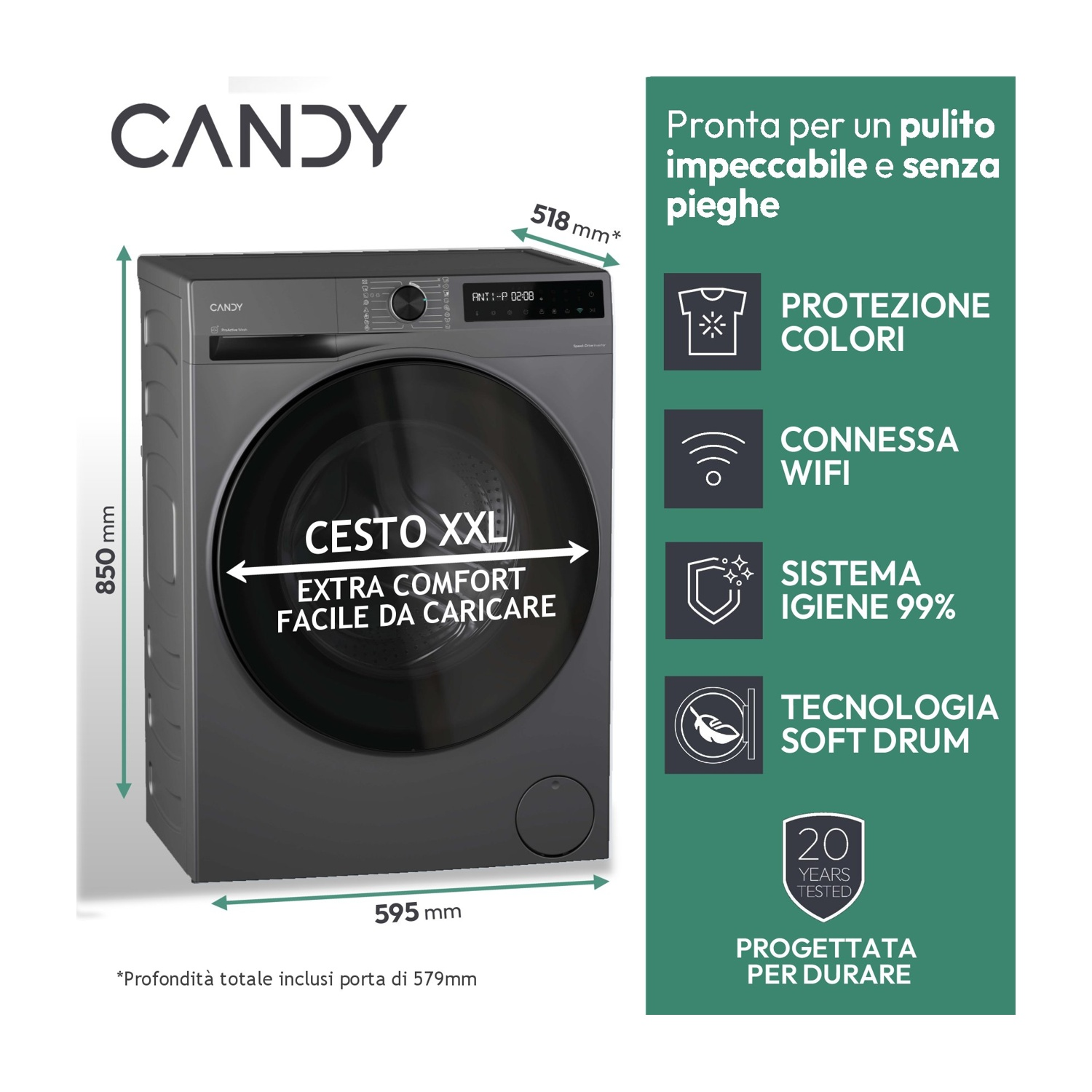 Una lavatrice Candy grigia con funzioni come cestello XXL, Wi-Fi e protezione dei colori. Le dimensioni sono visualizzate con le misure.
