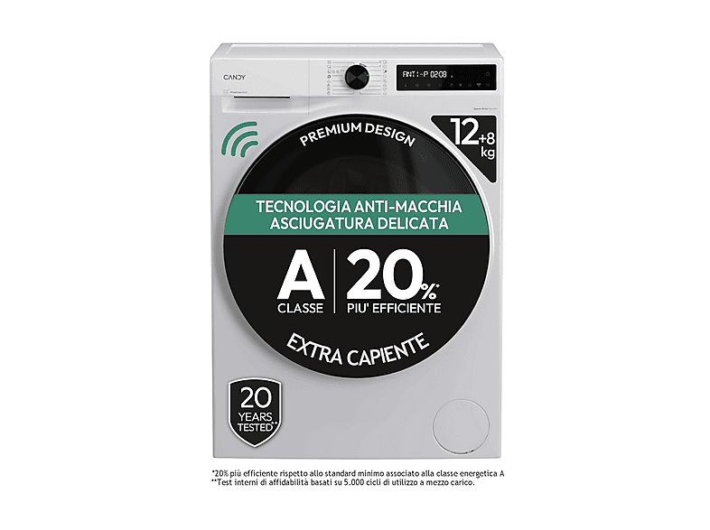 CANDY BWR 4128BL8-S LAVASCIUGA, Caricamento frontale, capacità lavaggio 12 kg, asciugatura 8 16 programmi, Profondità 62 cm, Giri 1400 rpm, Bianco, Nero, Classe E