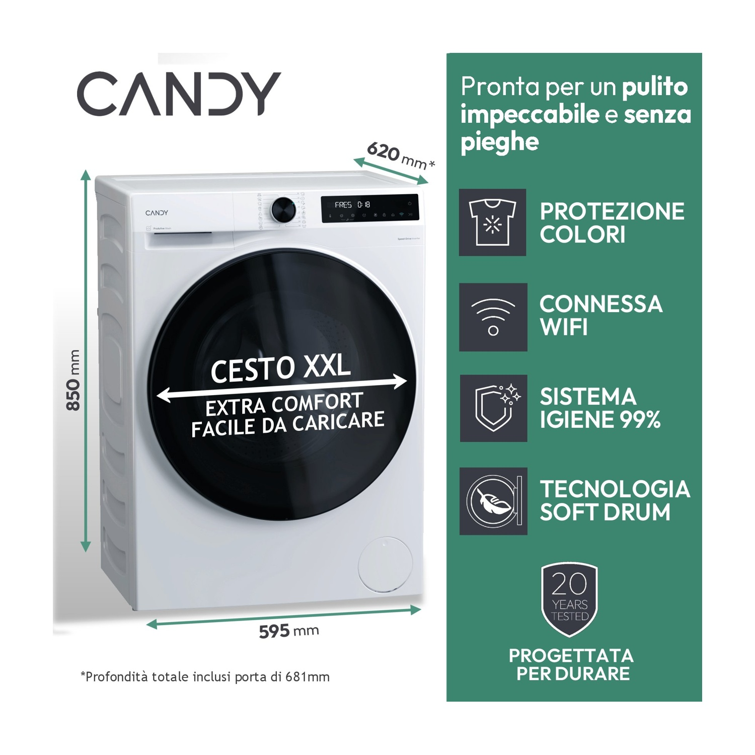 Una lavatrice Candy bianca con porta nera. Il testo include 'Cesto XXL', 'Protezione Colori' e 'Connesso Wi-Fi'.