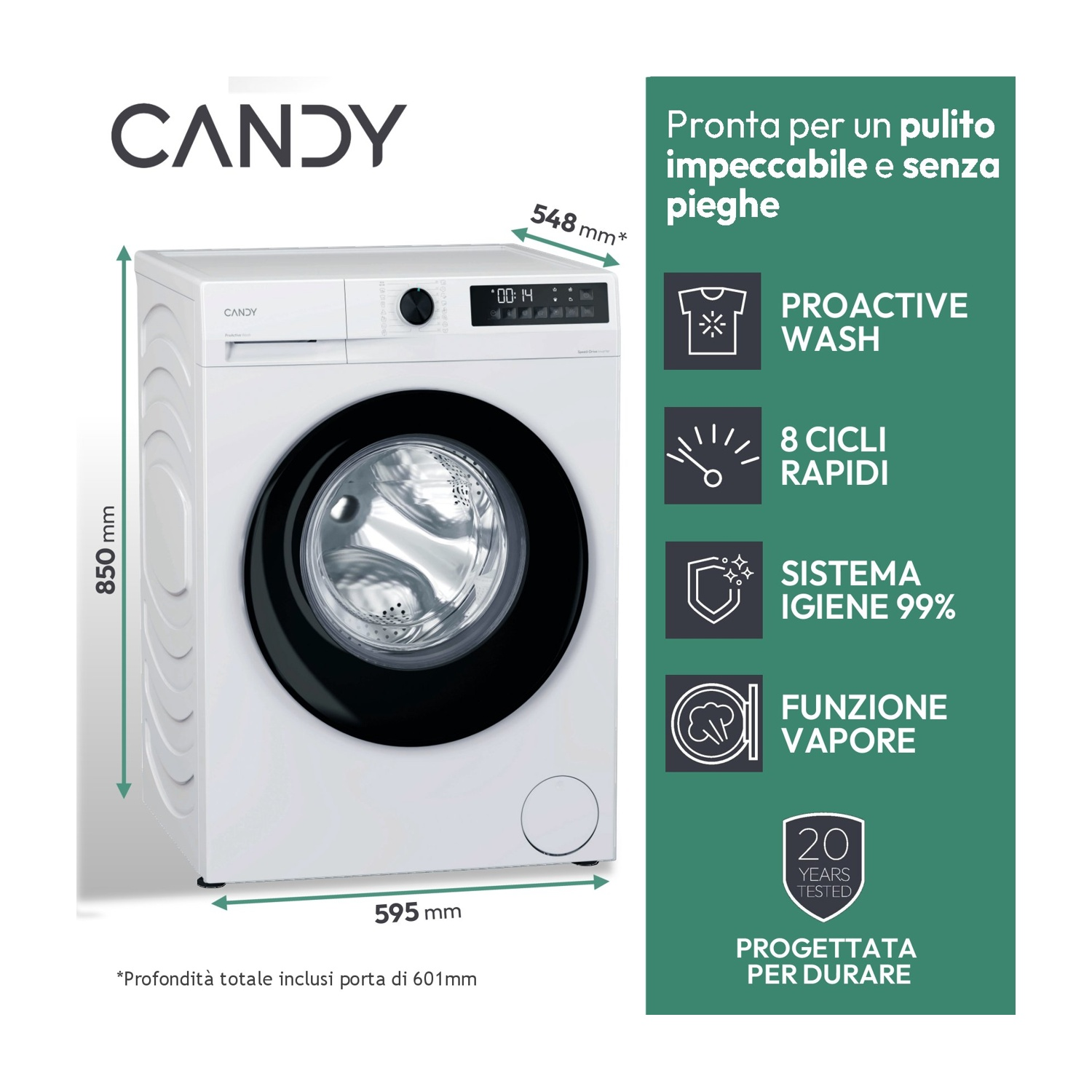 Una lavatrice Candy bianca con porta nera. Sono indicate le dimensioni. Il testo indica funzioni come lavaggio proattivo e funzione vapore.