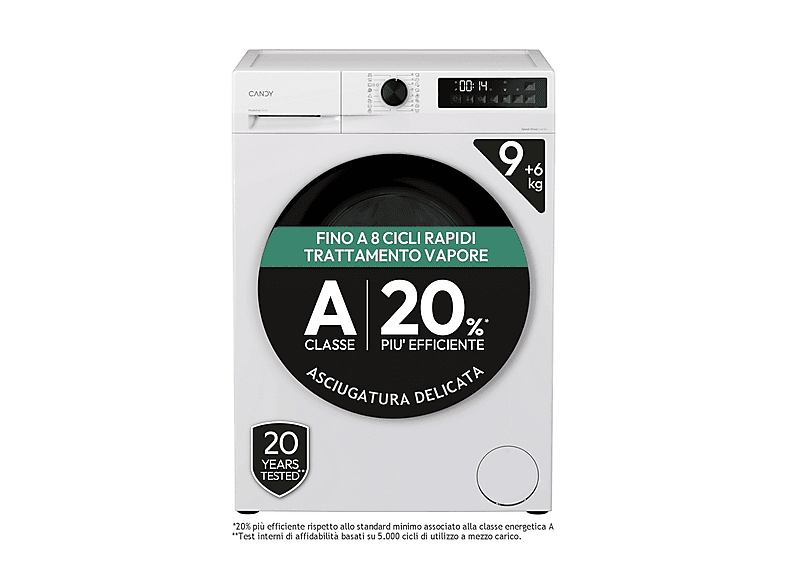 CANDY GWD 496B8-S LAVASCIUGA, Caricamento frontale, capacità lavaggio 9 kg, asciugatura 6 16 programmi, Profondità 60 cm, Giri 1400 rpm, Bianco, Nero, Classe D