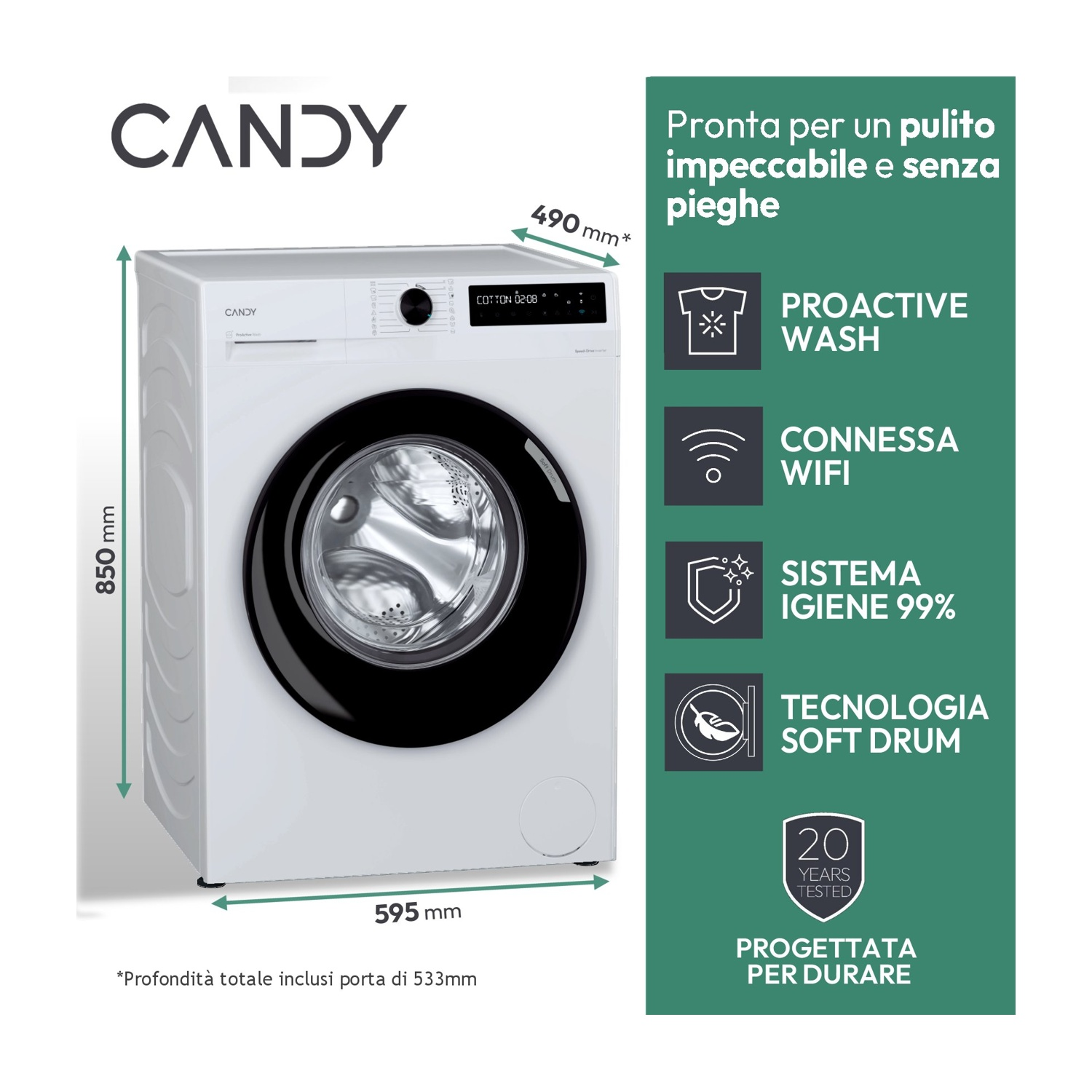 Una lavatrice Candy bianca con porta nera. Le dimensioni sono indicate. Il testo descrive funzioni come lavaggio proattivo e Wi-Fi.