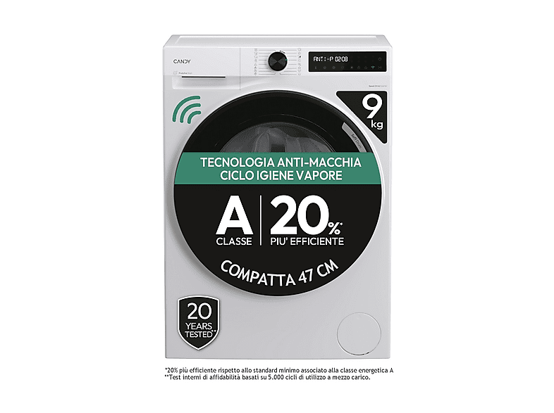 Candy BR 49Sbl8-S Lavatrice Slim, Caricamento frontale, 9 kg, 16 programmi, Profondità 48,8 cm, White, livello rumorosità centrifuga 72 dB(A), Classe
