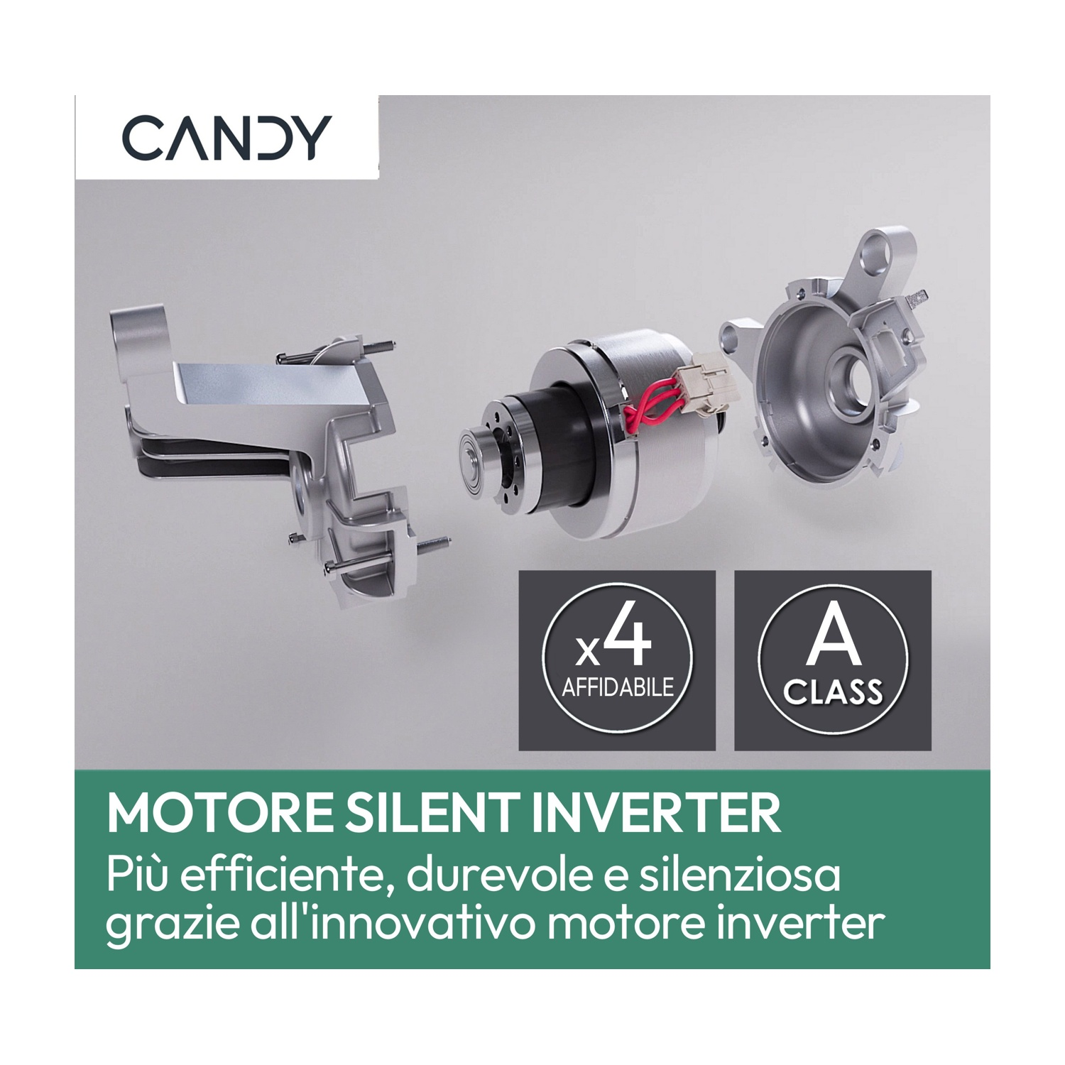 L'immagine mostra parti smontate di un motore di lavatrice. Il testo dice 'MOTORE SILENT INVERTER' e menziona efficienza e silenziosità.