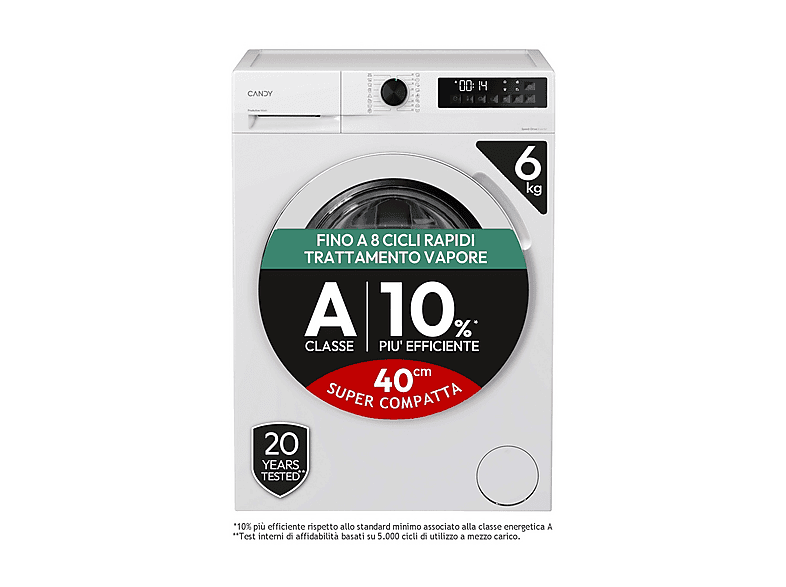 CANDY GD 26SS6-S LAVATRICE SLIM, Caricamento frontale, 6 kg, 16 programmi, Profondità 39,2 cm, Giri 1200 rpm, Bianco, livello rumorosità centrifuga 72 dB(A), Classe A