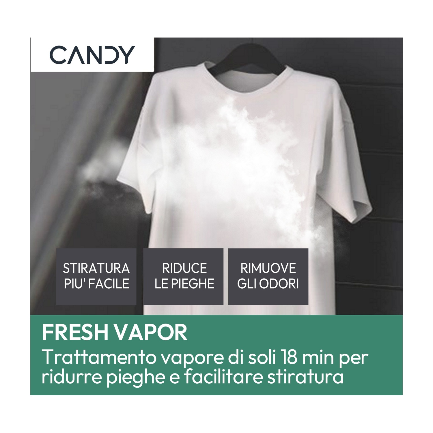 Una maglietta bianca su una gruccia con vapore che esce. Il testo include 'Fresh Vapor' e i vantaggi del prodotto.