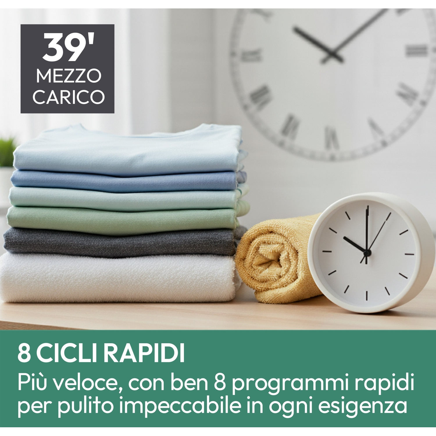 Pila di asciugamani piegati, asciugamano arrotolato e orologio. Sullo sfondo un grande orologio. Il testo indica 8 cicli rapidi.