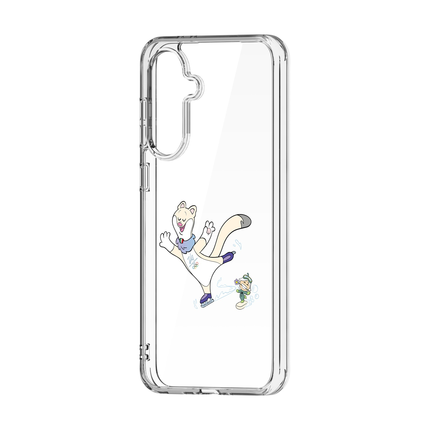 Custodia trasparente per telefono. Gatto dei cartoni animati che pattina, con un piccolo elfo. Cartone animato su sfondo bianco.