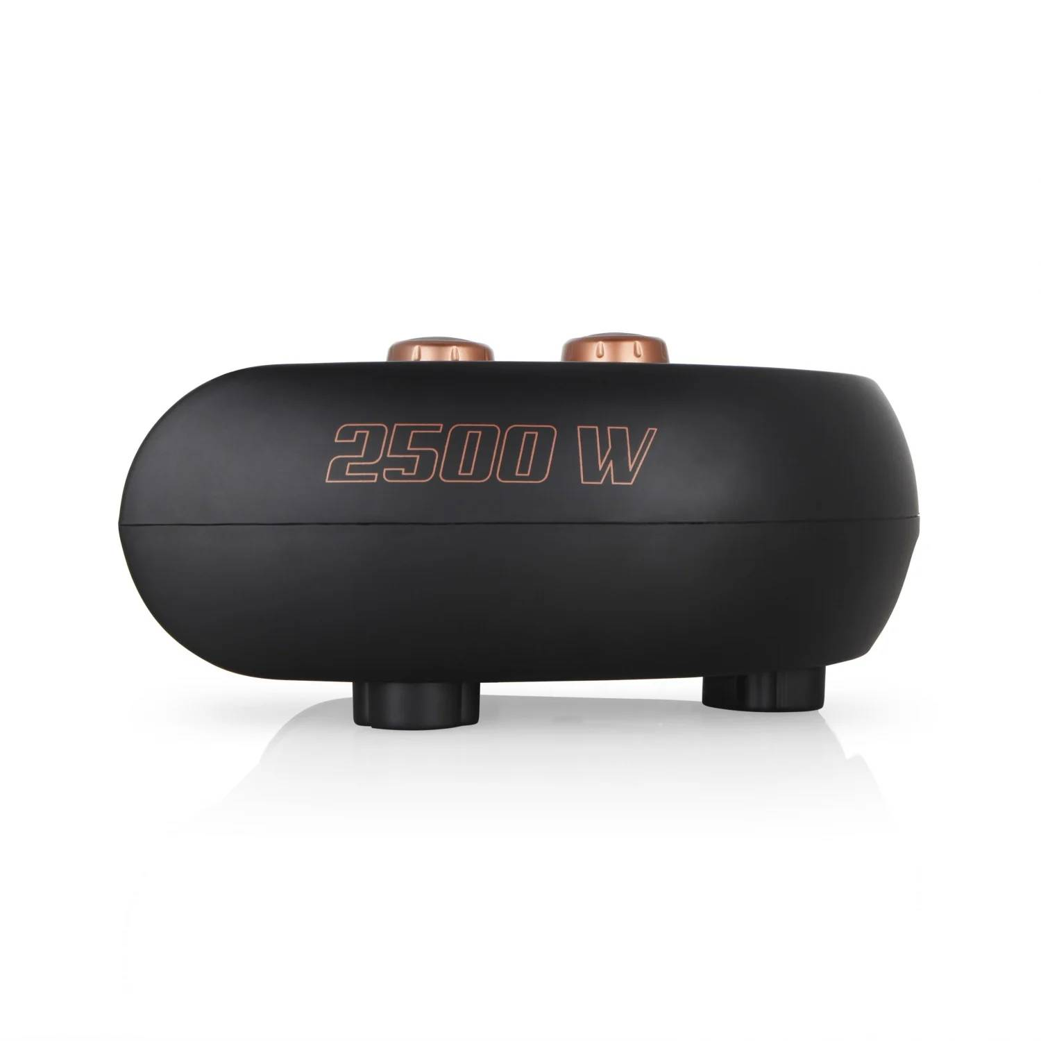 Dispositivo ovalado negro con detalles cobrizos, etiquetado '2500 W'. Dos perillas arriba, soportado por pequeñas patas, sobre fondo blanco.