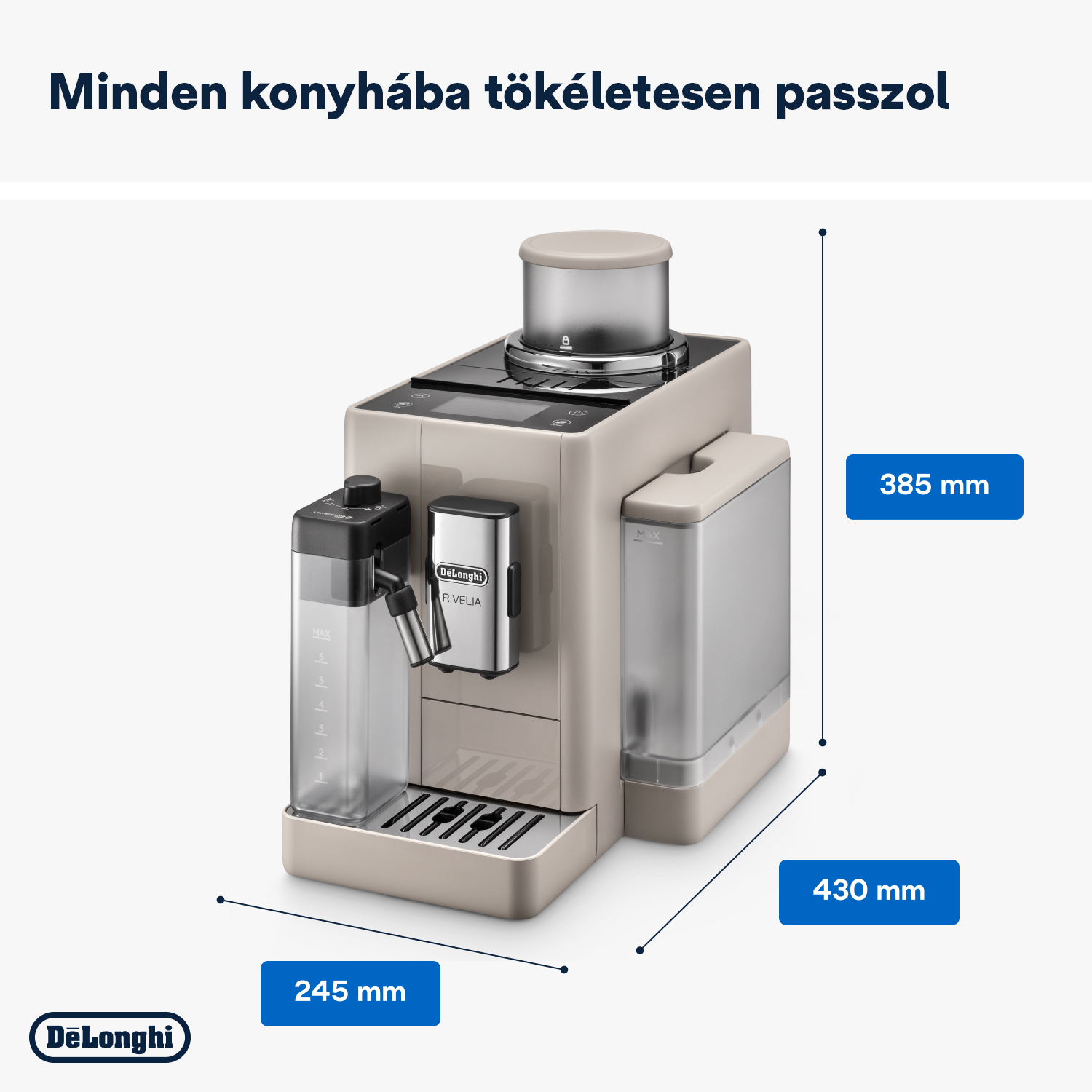Egy bézs Delonghi Rivela kávéfőző méretekkel, világos háttér előtt. Őrlővel, víztartállyal és méretekkel.