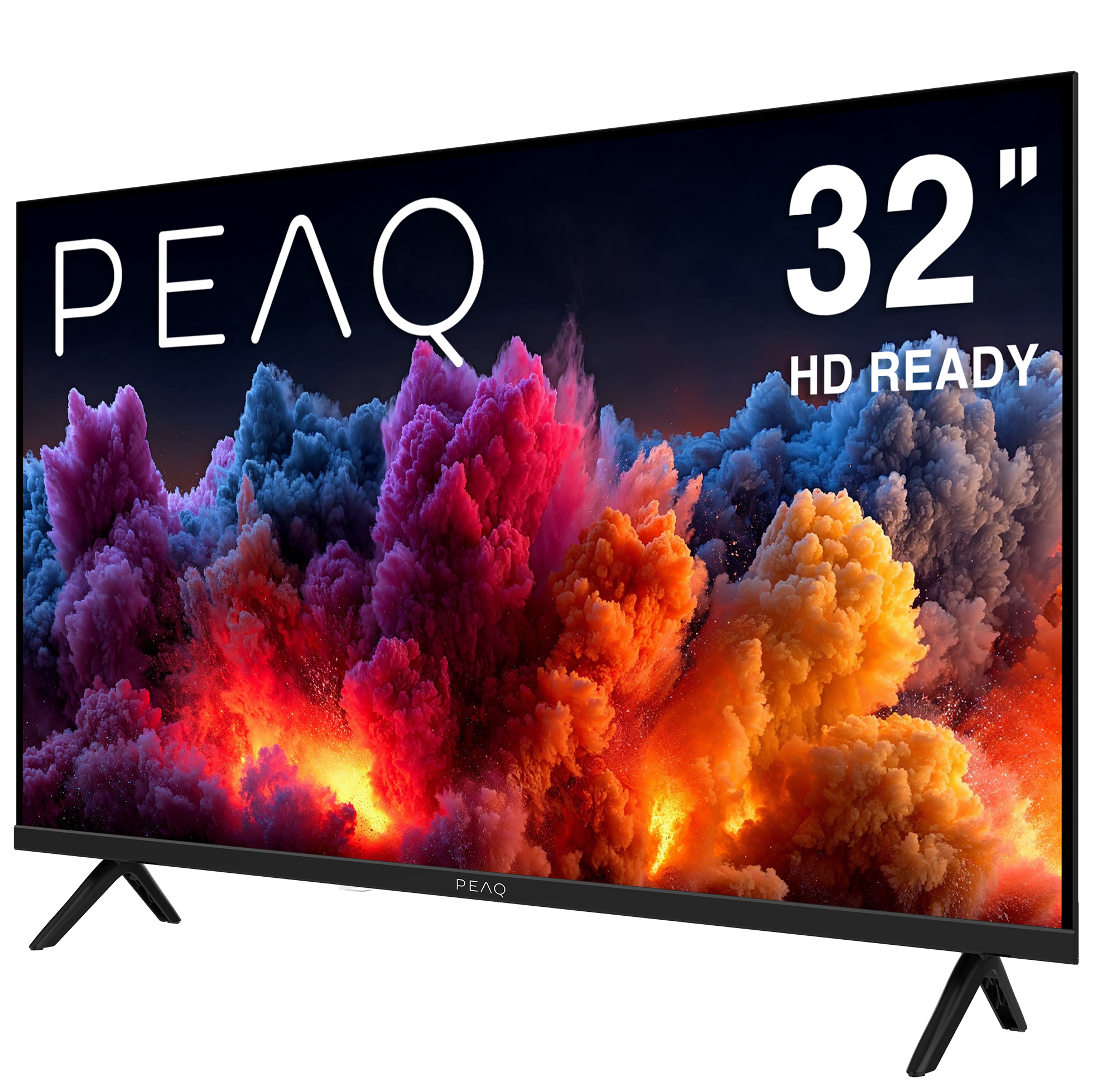 32" HD Ready PEAQ TV, renkli soyut sanat sergiliyor. TV'nin siyah ayakları ve çerçevesi var. Arka plan beyaz.