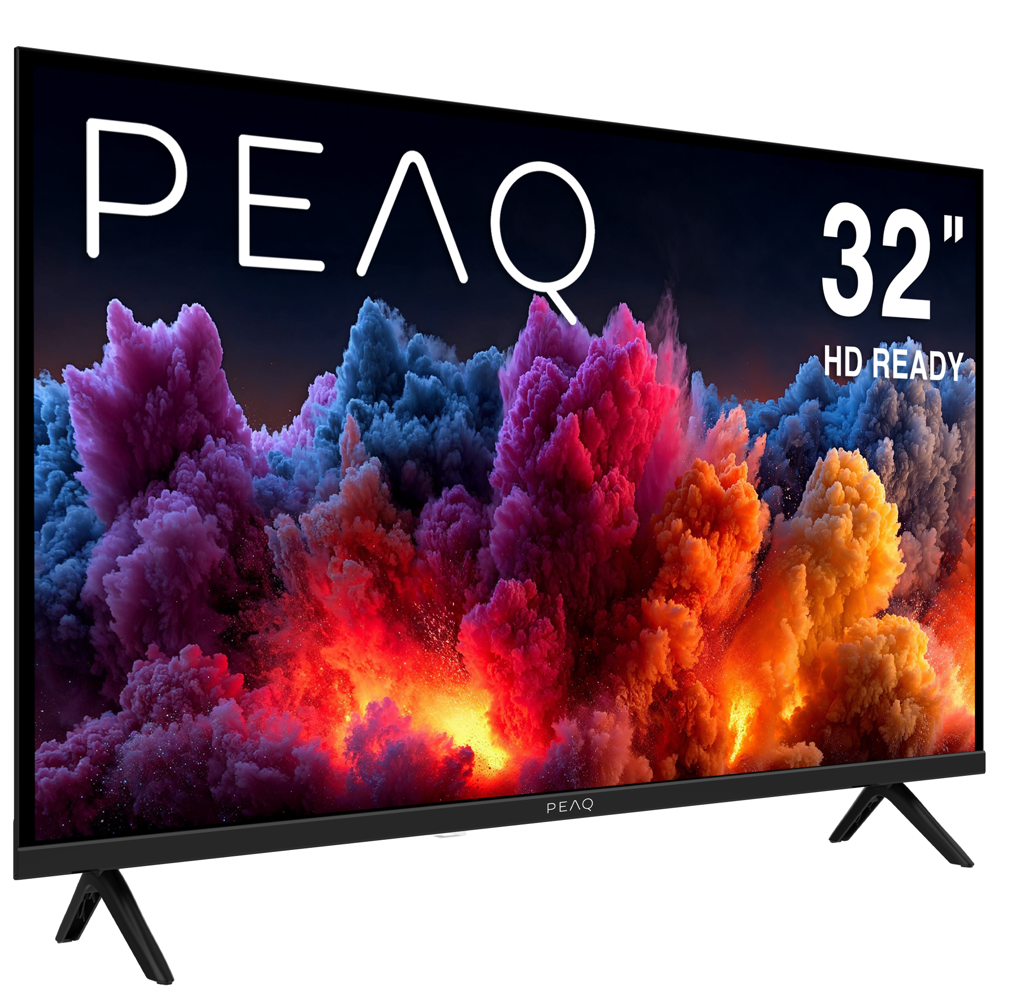 32" PEAQ HD Ready TV, renkli soyut bir arka plan sergiliyor. Siyah bir standı ve çerçevesi var.