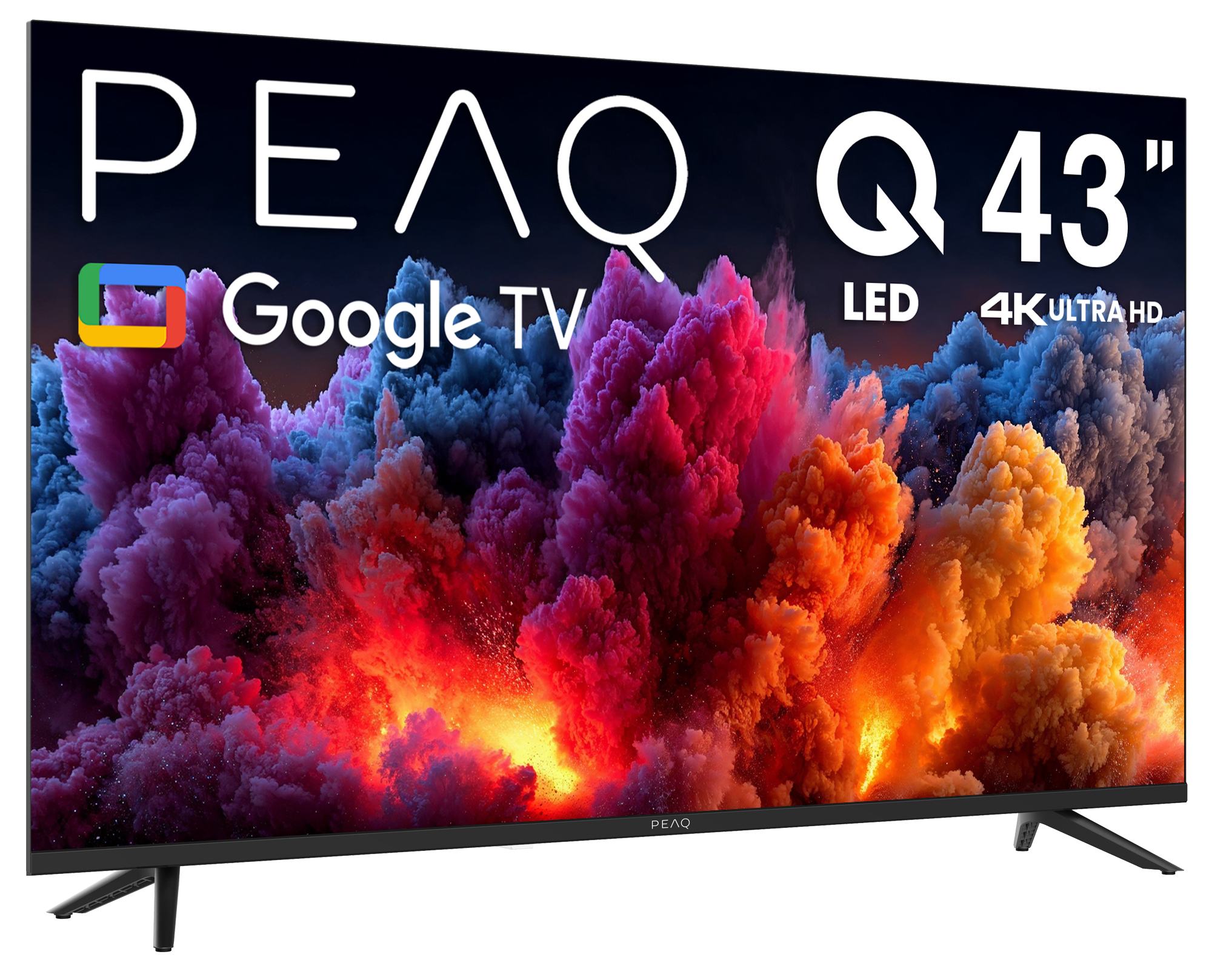 PEAQ Q43" TV, Google TV, LED, 4K Ultra HD. Ekranda renkli bir patlama görülüyor.