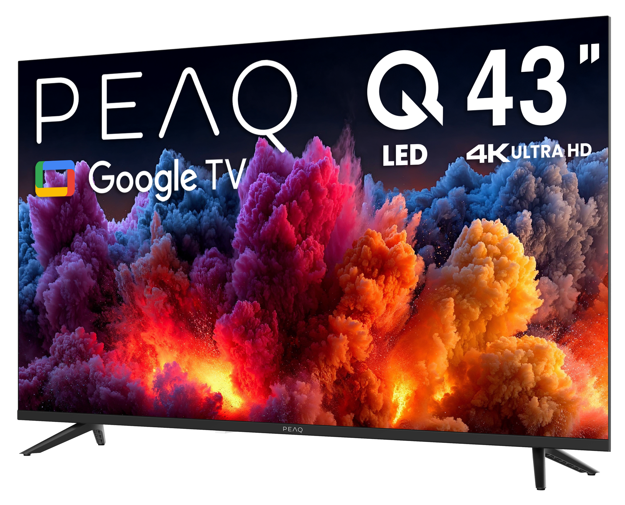 PEAQ Q43" LED 4K Ultra HD Google TV. Ekran, siyah standlı renkli soyut bir patlama gösteriyor.