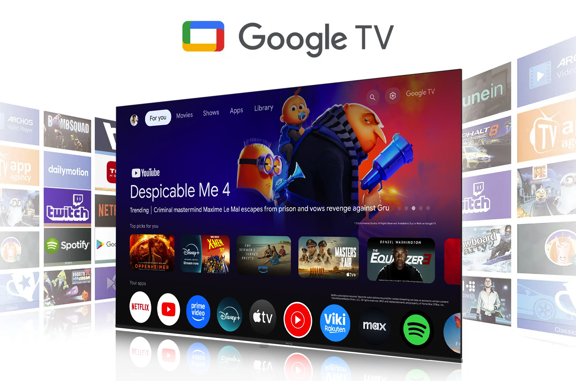 Google TV arayüzü. Bir TV 'Despicable Me 4'ü gösteriyor. Netflix, YouTube, Disney+ gibi uygulamalar gösteriliyor. Çeşitli film küçük resimleri görünür.