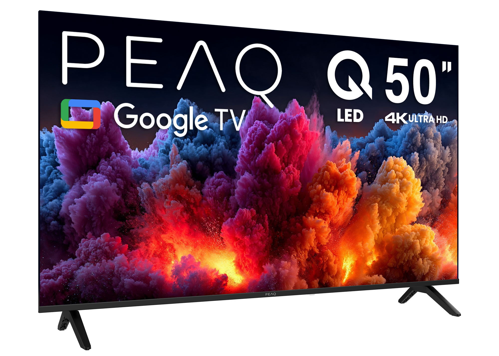 PEAQ Q50" Google TV. Ekran renkli soyut sanat gösteriyor. LED, 4K Ultra HD. Siyah TV çerçevesi ve siyah ayaklar.