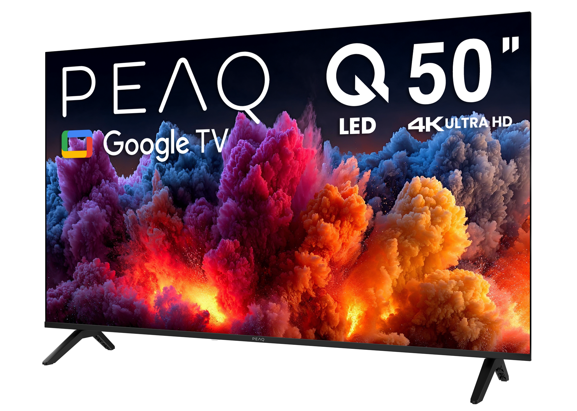 PEAQ Q50" LED 4K Ultra HD Google TV. Ekran, renkli soyut şekiller gösterir. TV'nin siyah ayakları ve çerçevesi vardır.