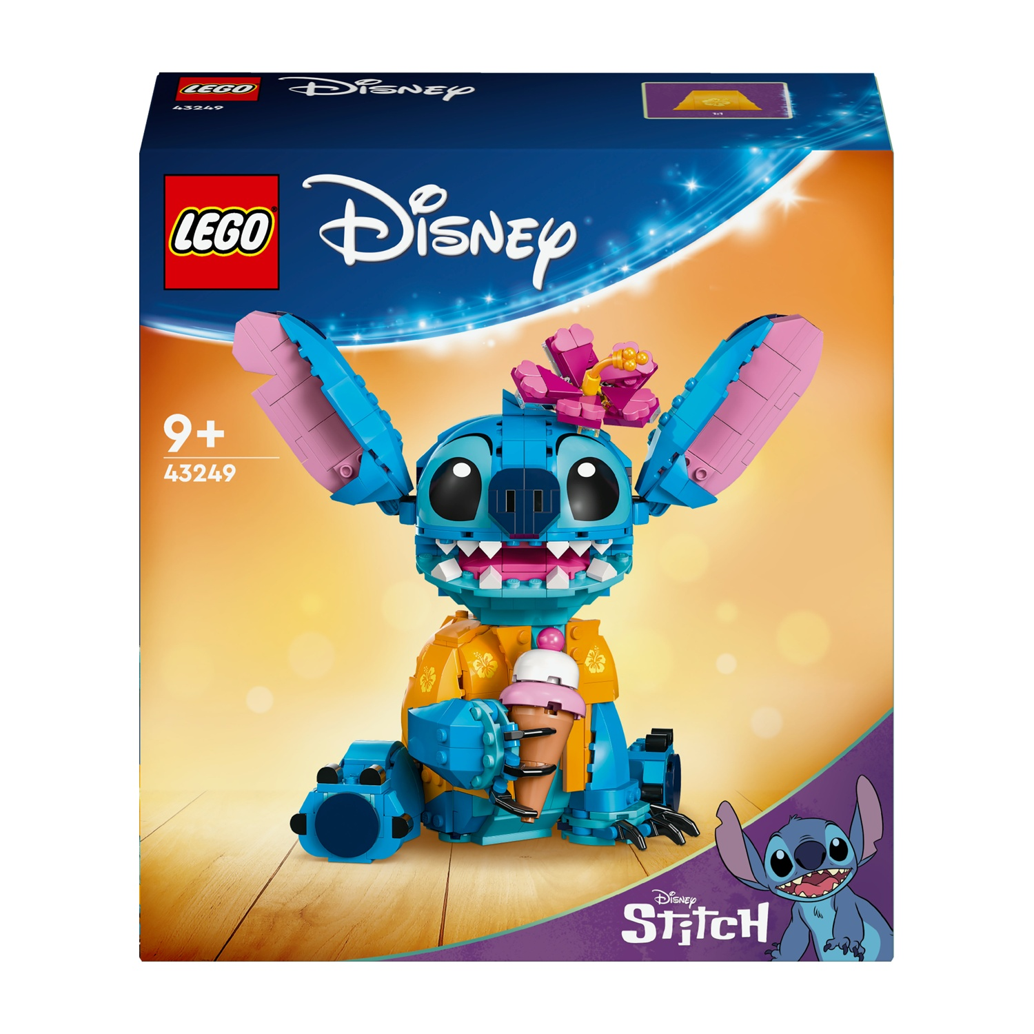 Scatola del set Lego Disney Stitch. Personaggio blu di Stitch con orecchie rosa, tiene un gelato. Loghi Disney e Lego.