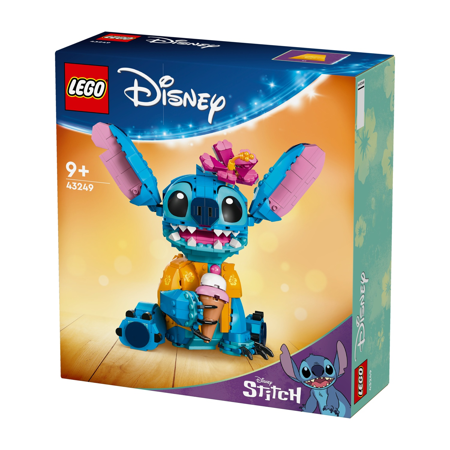 Scatola del set Lego Disney Stitch. Figura blu di Stitch con un cono gelato. Lo sfondo ha una superficie in legno e una sfumatura.
