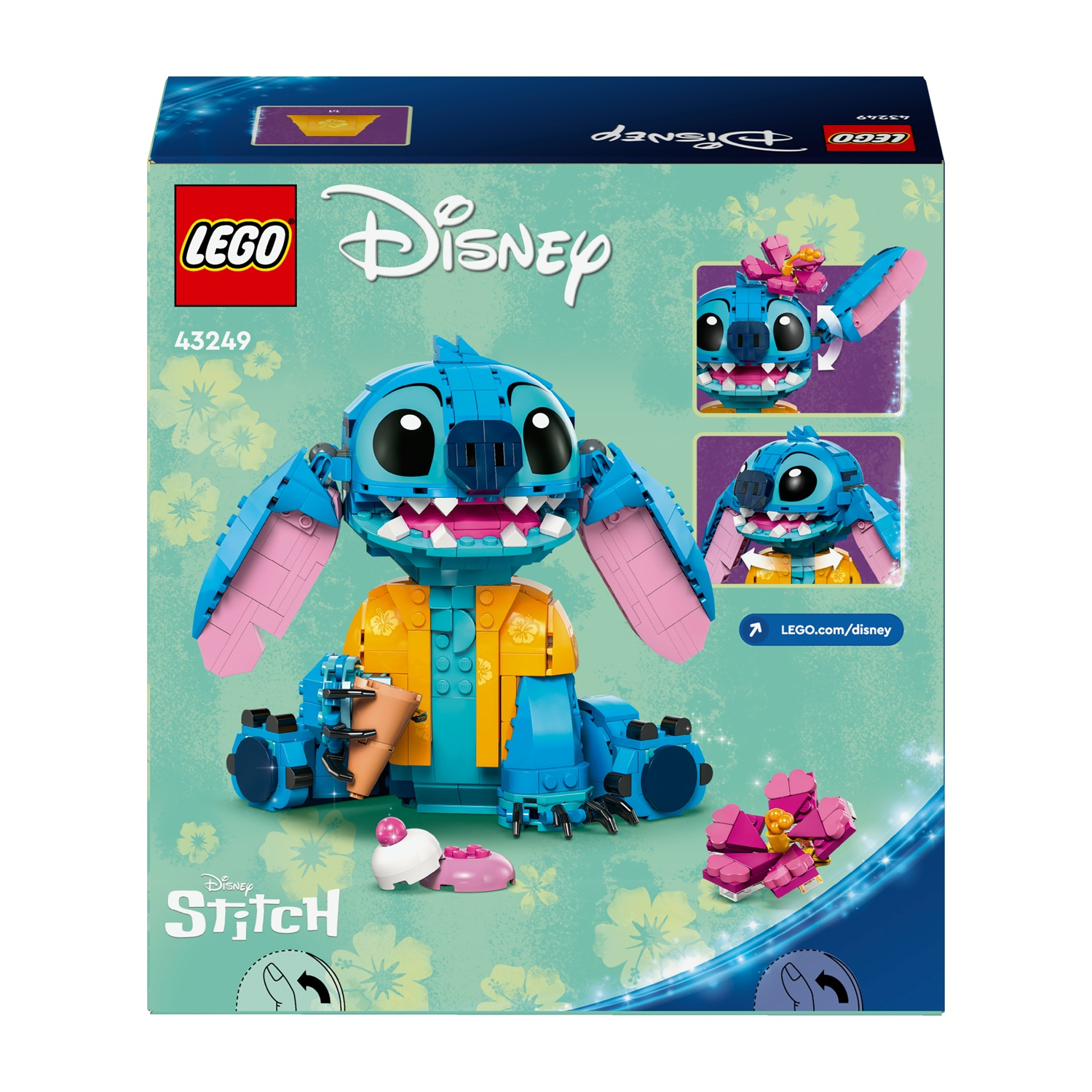 Scatola LEGO Disney Stitch. Raffigura Stitch blu, con camicia gialla, orecchie rosa e gelato. Mostrate altre immagini di Stitch.