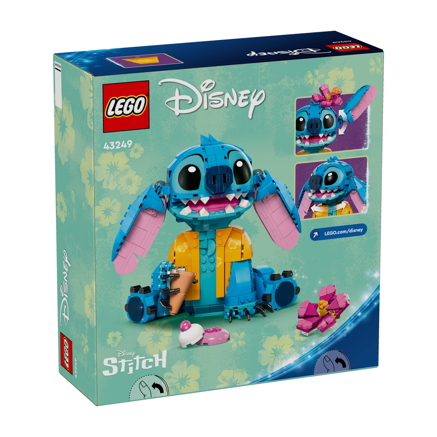 Scatola del set LEGO Stitch. Presenta la figura blu di Stitch, orecchie rosa e un top giallo. Include figure e accessori Stitch più piccoli.